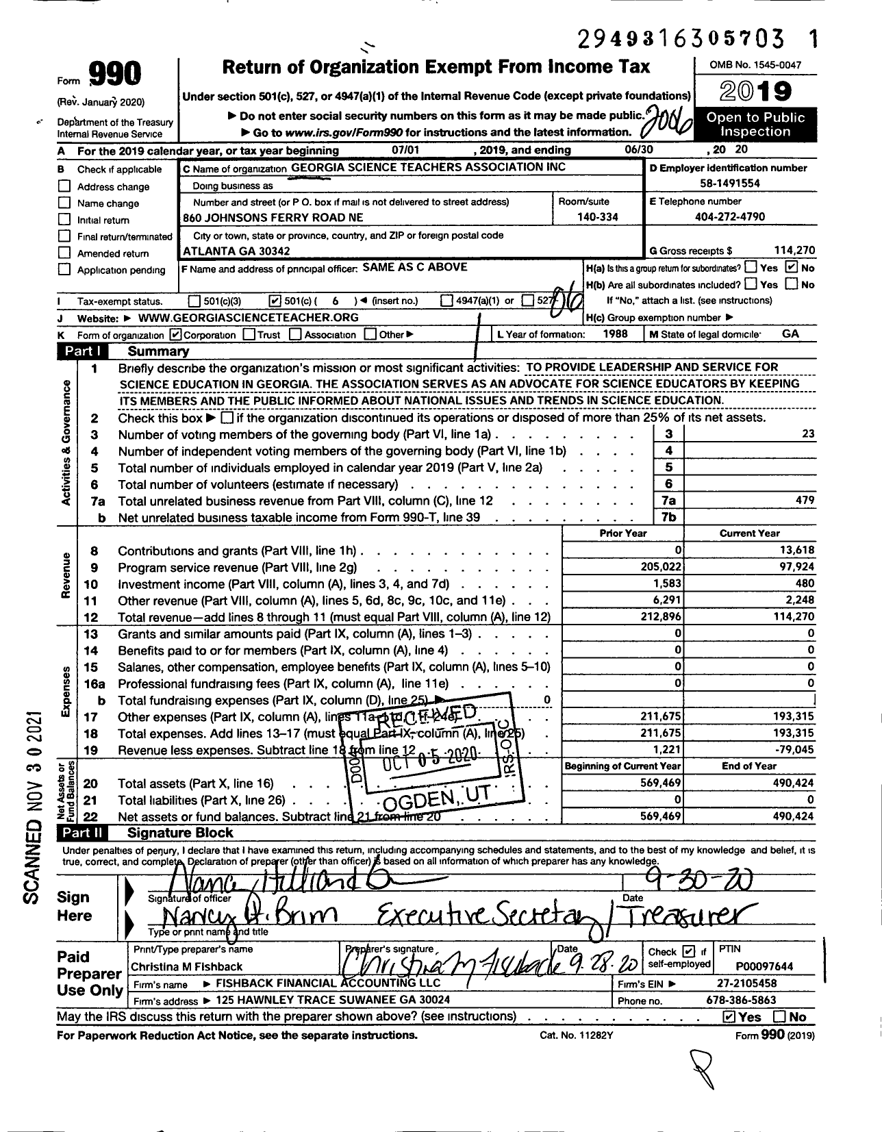 Image of first page of 2019 Form 990O for Georgia Science Teachers Association