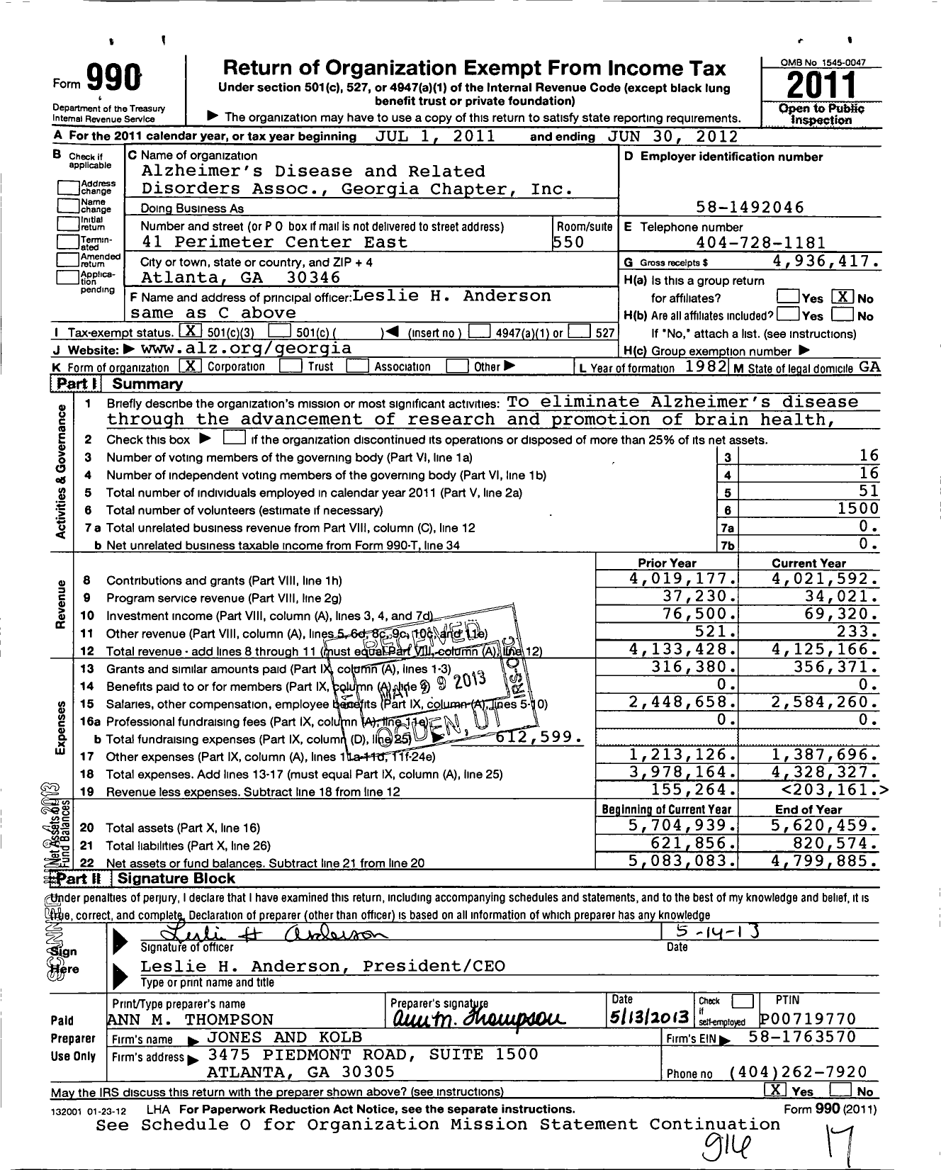 Image of first page of 2011 Form 990 for Alzheimers Disease and Related Disorders Association Georgia Chapter