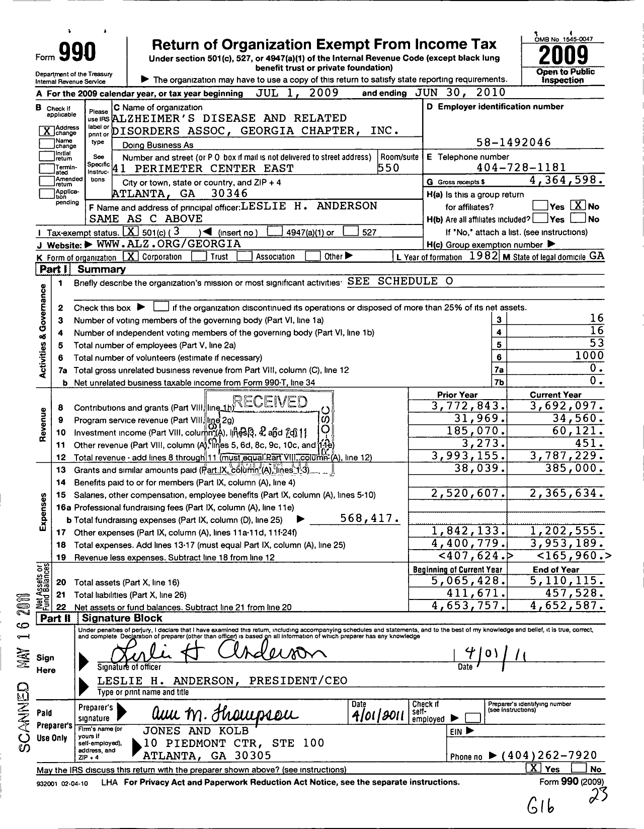 Image of first page of 2009 Form 990 for Alzheimers Disease and Related Disorders Association Georgia Chapter