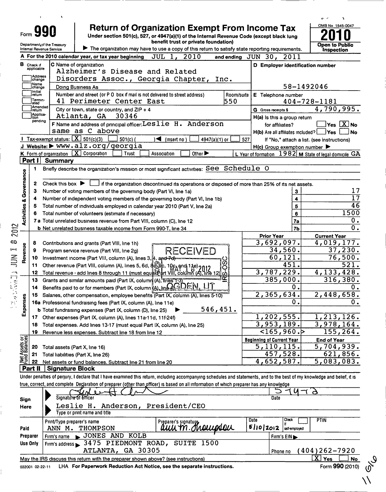 Image of first page of 2010 Form 990 for Alzheimers Disease and Related Disorders Association Georgia Chapter