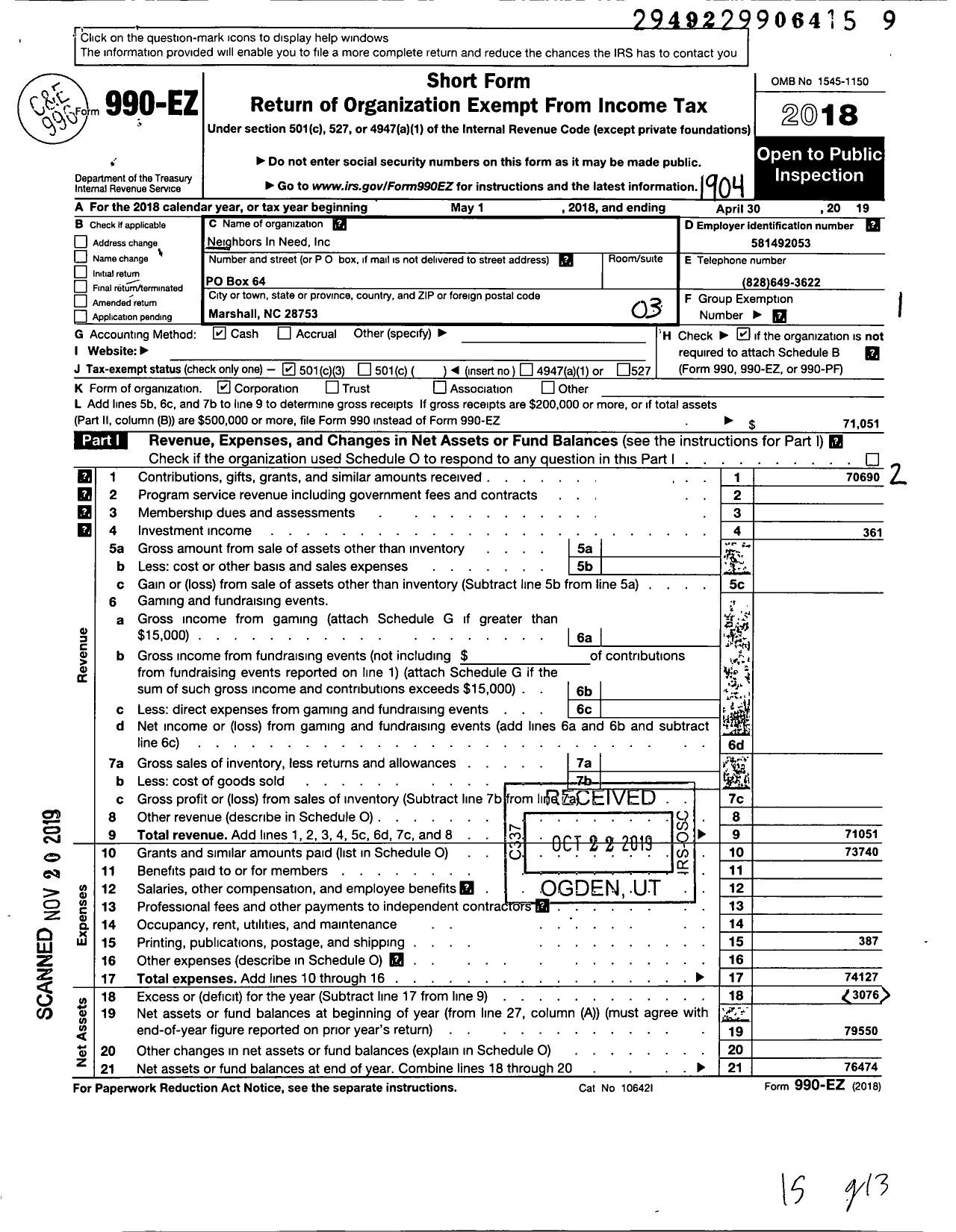 Image of first page of 2018 Form 990EZ for Neighbors in Need