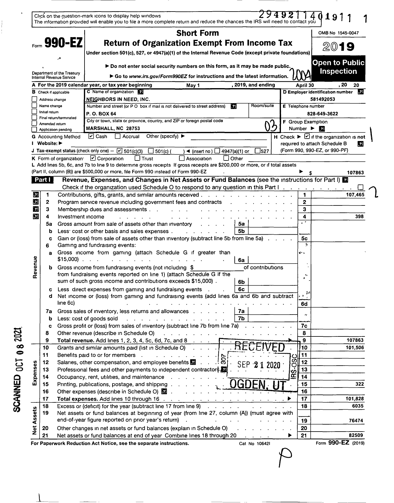 Image of first page of 2019 Form 990EZ for Neighbors in Need
