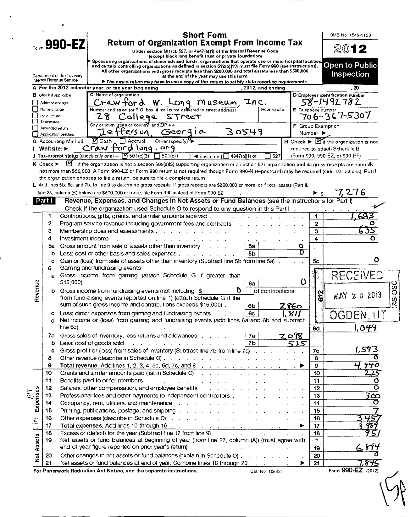 Image of first page of 2012 Form 990EZ for Crawford W Long Museum Association