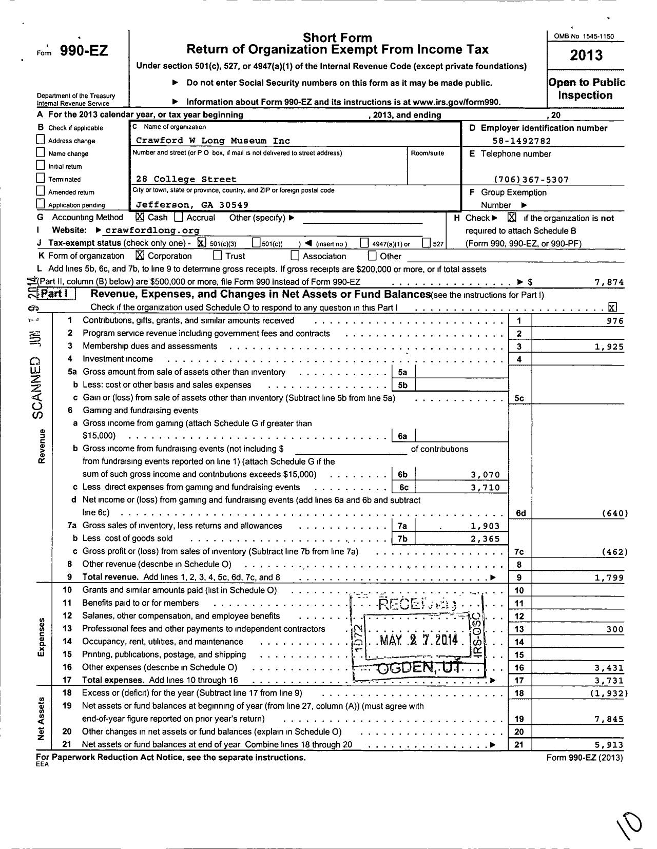 Image of first page of 2013 Form 990EZ for Crawford W Long Museum Association