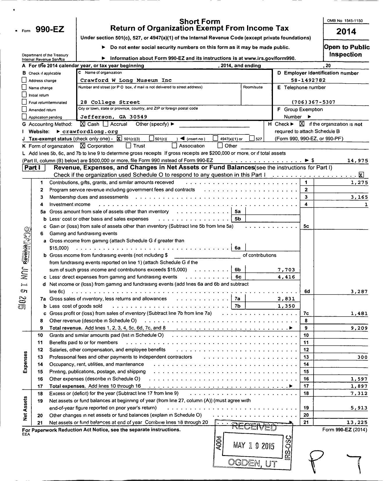 Image of first page of 2014 Form 990EZ for Crawford W Long Museum Association