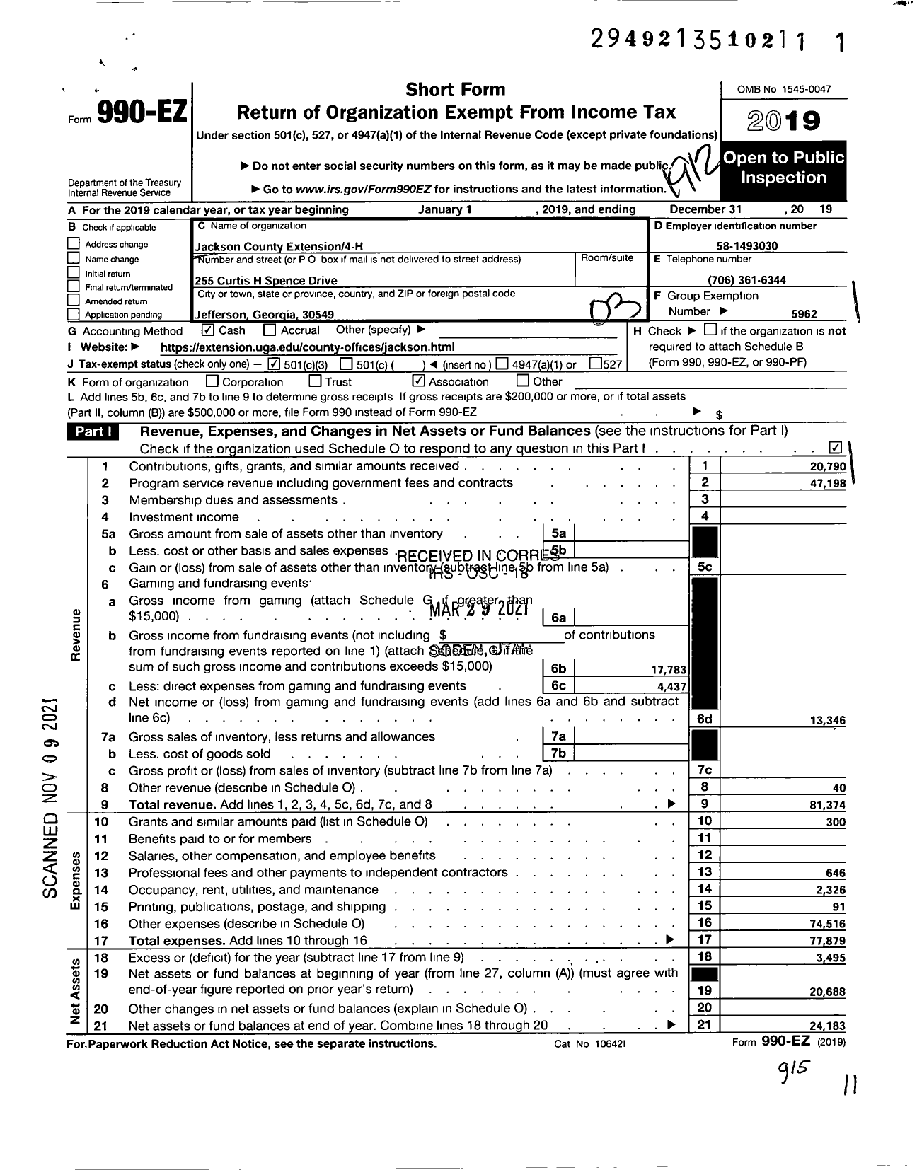 Image of first page of 2019 Form 990EZ for Jackson County Extension 4-H