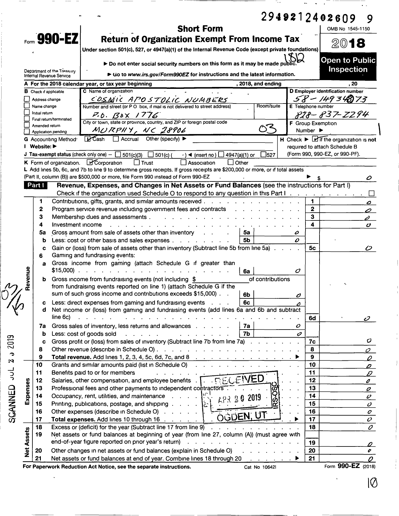 Image of first page of 2018 Form 990EZ for Cosmic Apostolic Numbers