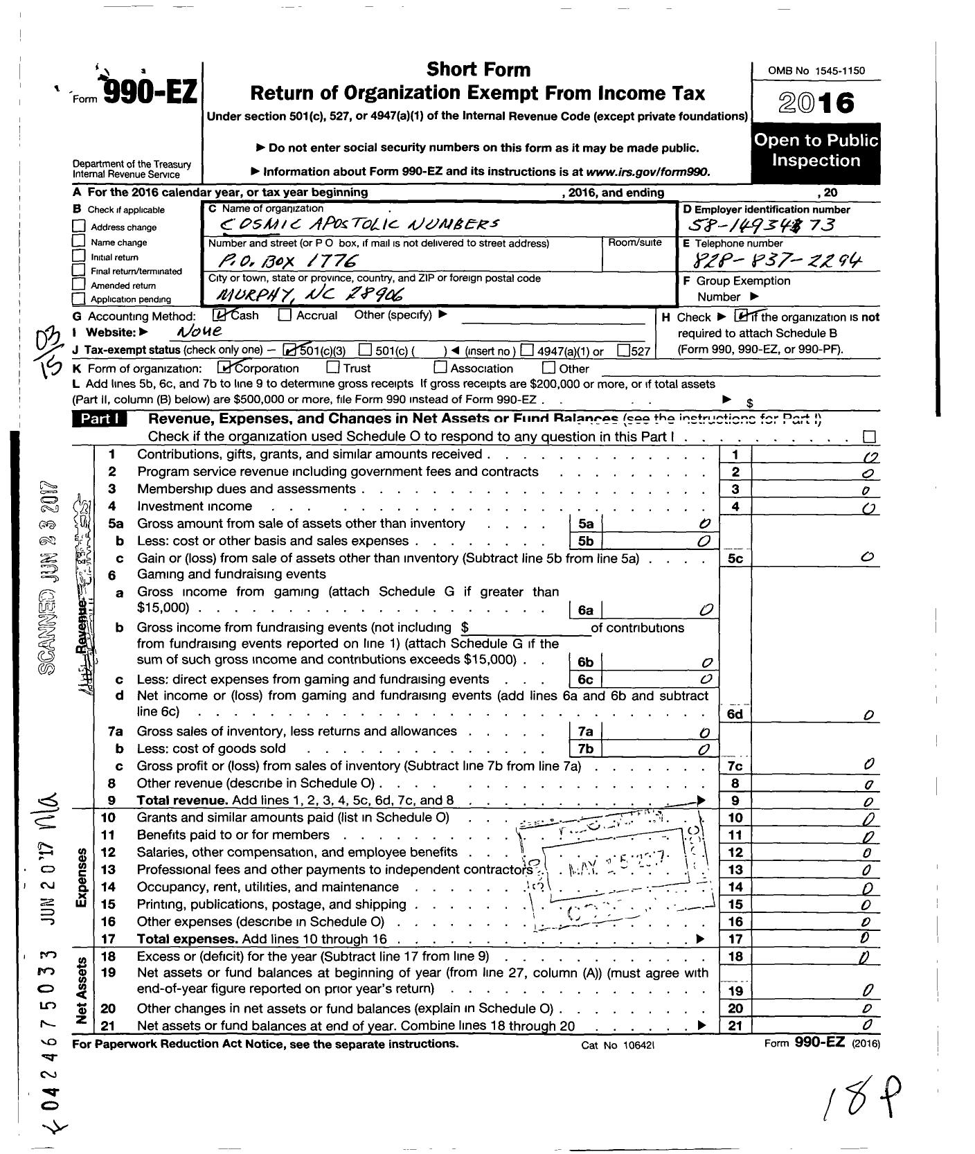 Image of first page of 2016 Form 990EZ for Cosmic Apostolic Numbers