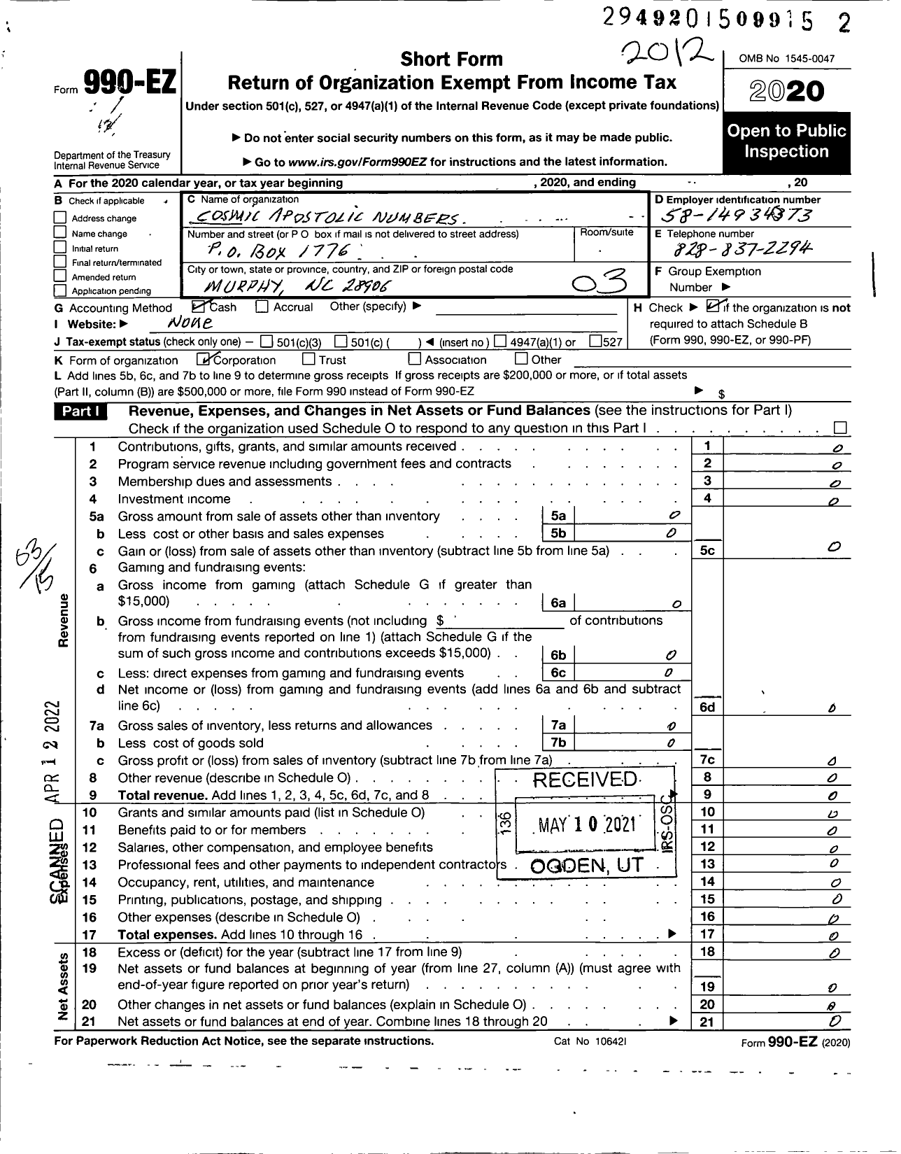 Image of first page of 2020 Form 990EZ for Cosmic Apostolic Numbers