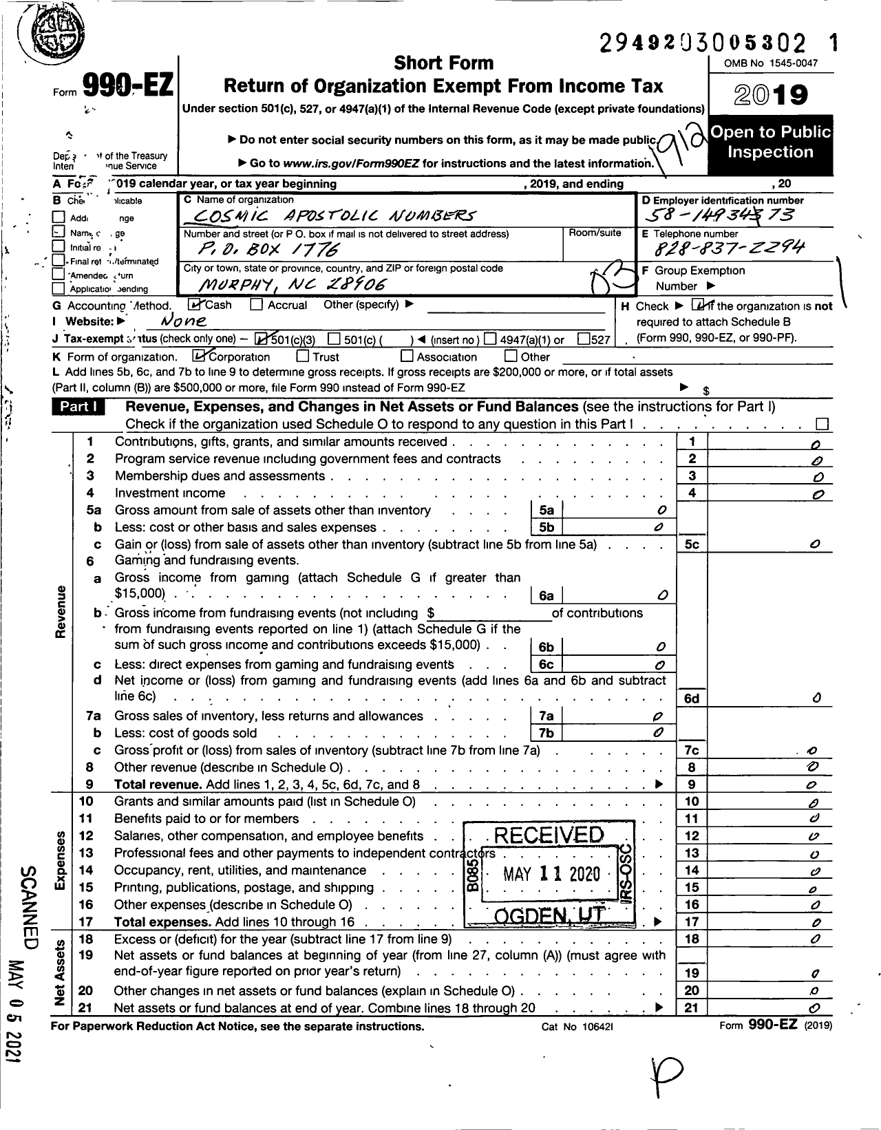 Image of first page of 2019 Form 990EZ for Cosmic Apostolic Numbers