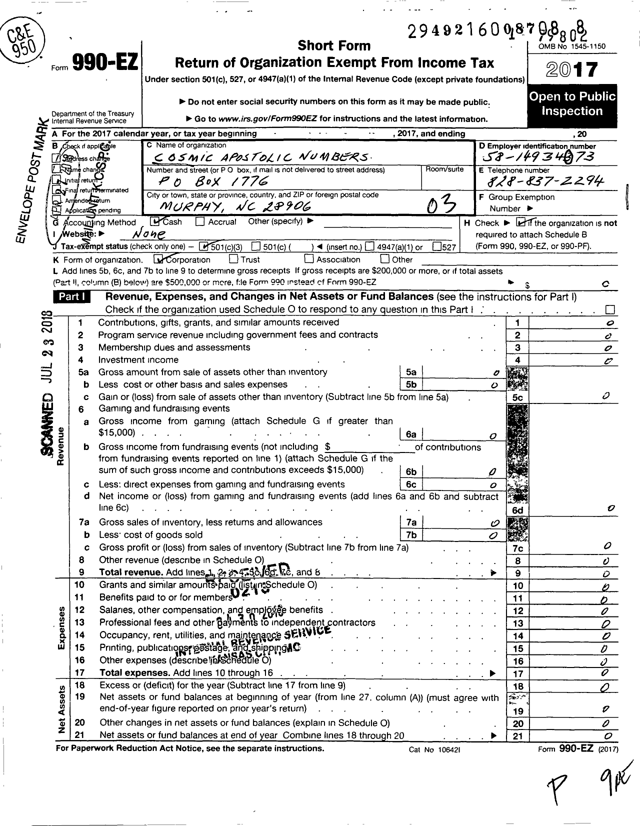 Image of first page of 2017 Form 990EZ for Cosmic Apostolic Numbers