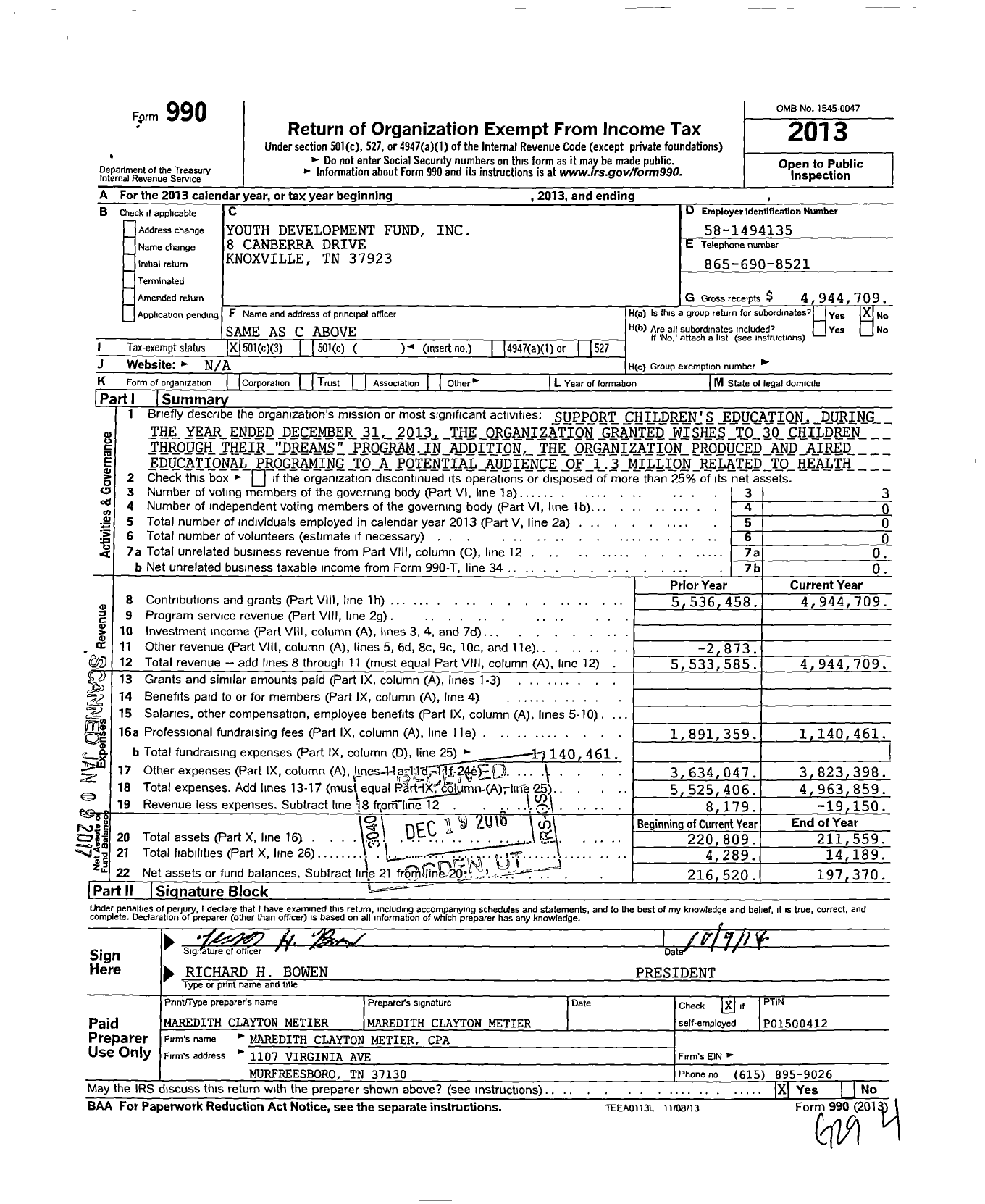Image of first page of 2013 Form 990 for Youth Development Fund