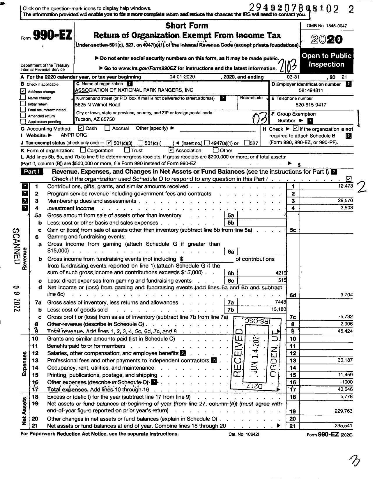 Image of first page of 2020 Form 990EZ for The Association of National Park Rangers
