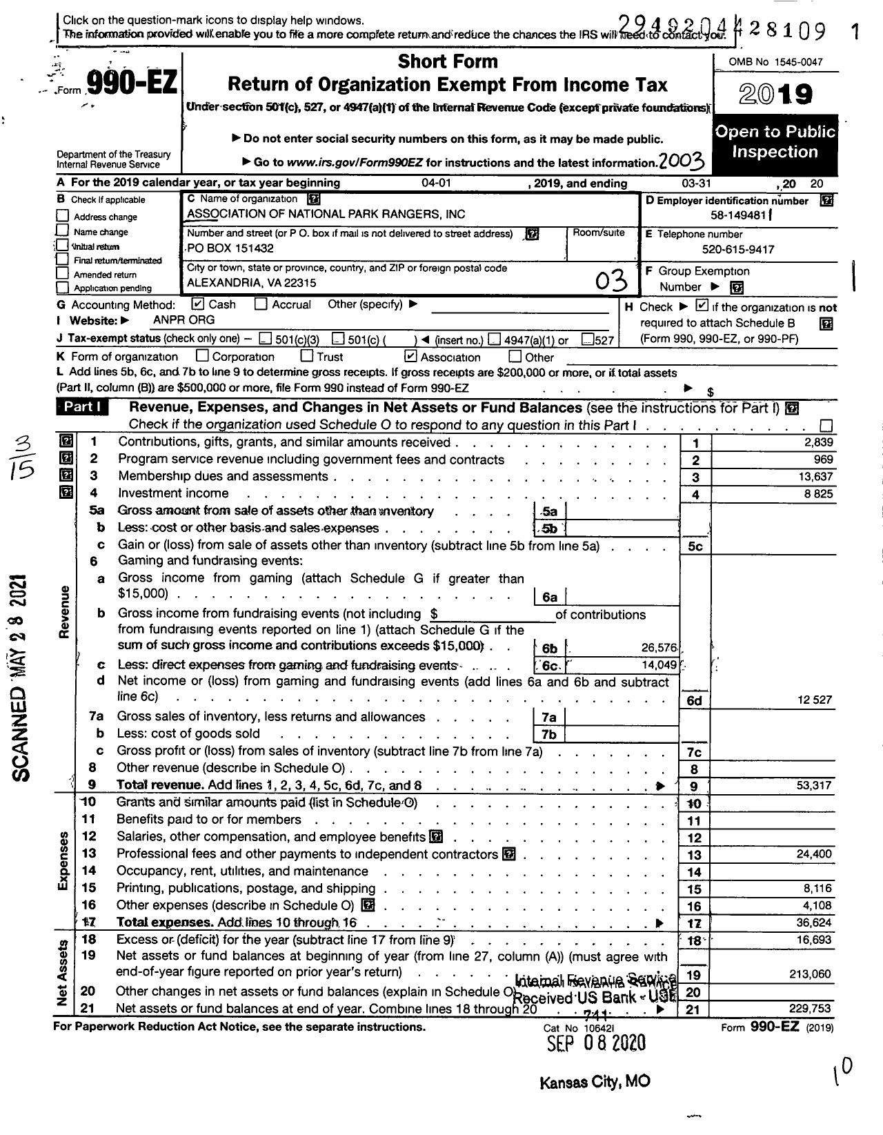Image of first page of 2019 Form 990EZ for The Association of National Park Rangers