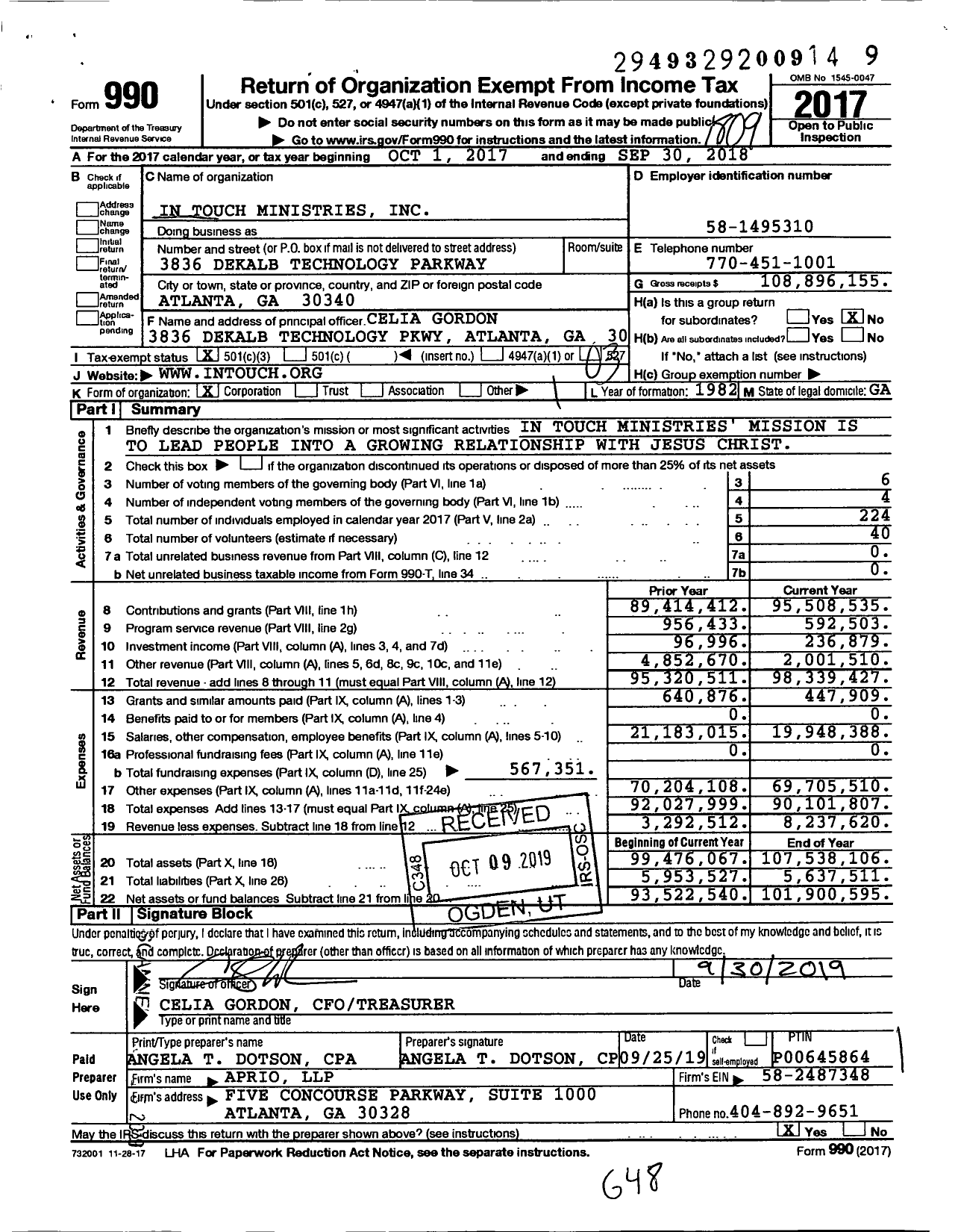 Image of first page of 2017 Form 990 for In Touch Ministries