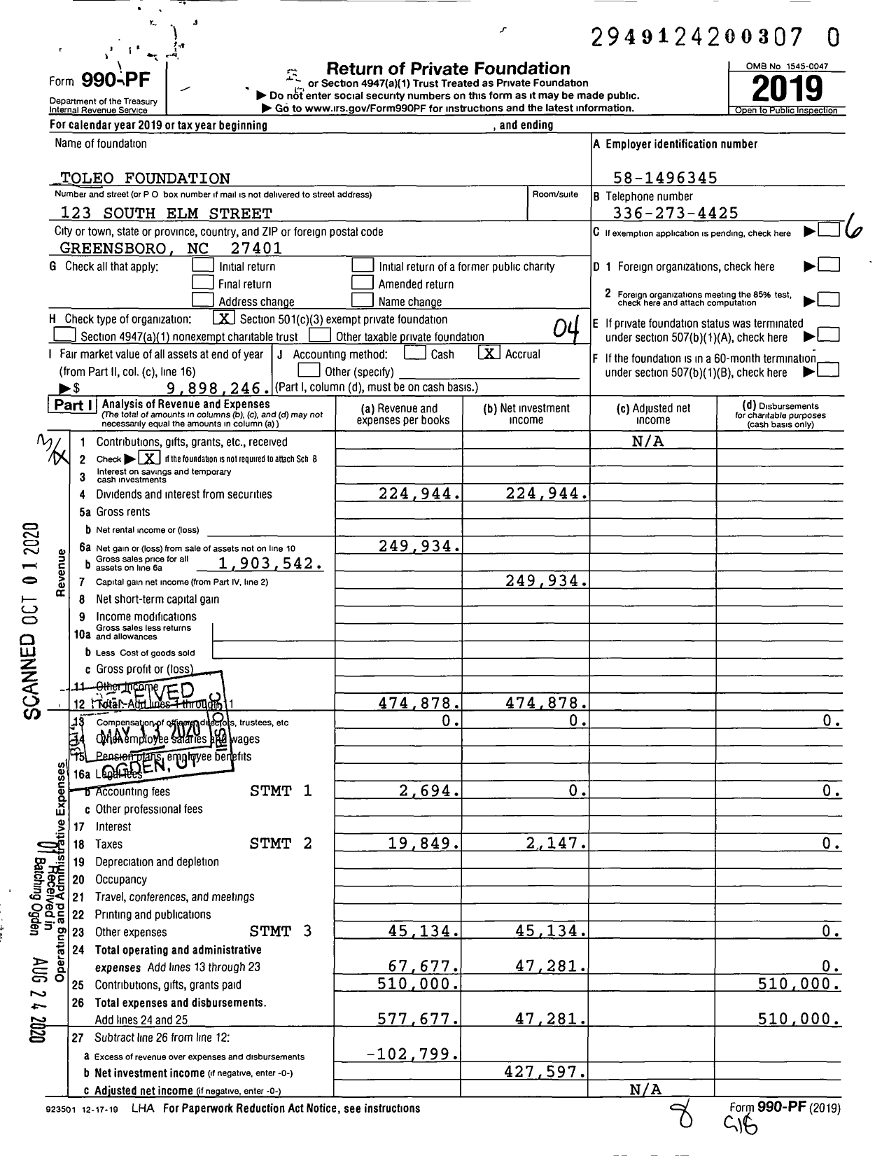 Image of first page of 2019 Form 990PR for Toleo Foundation