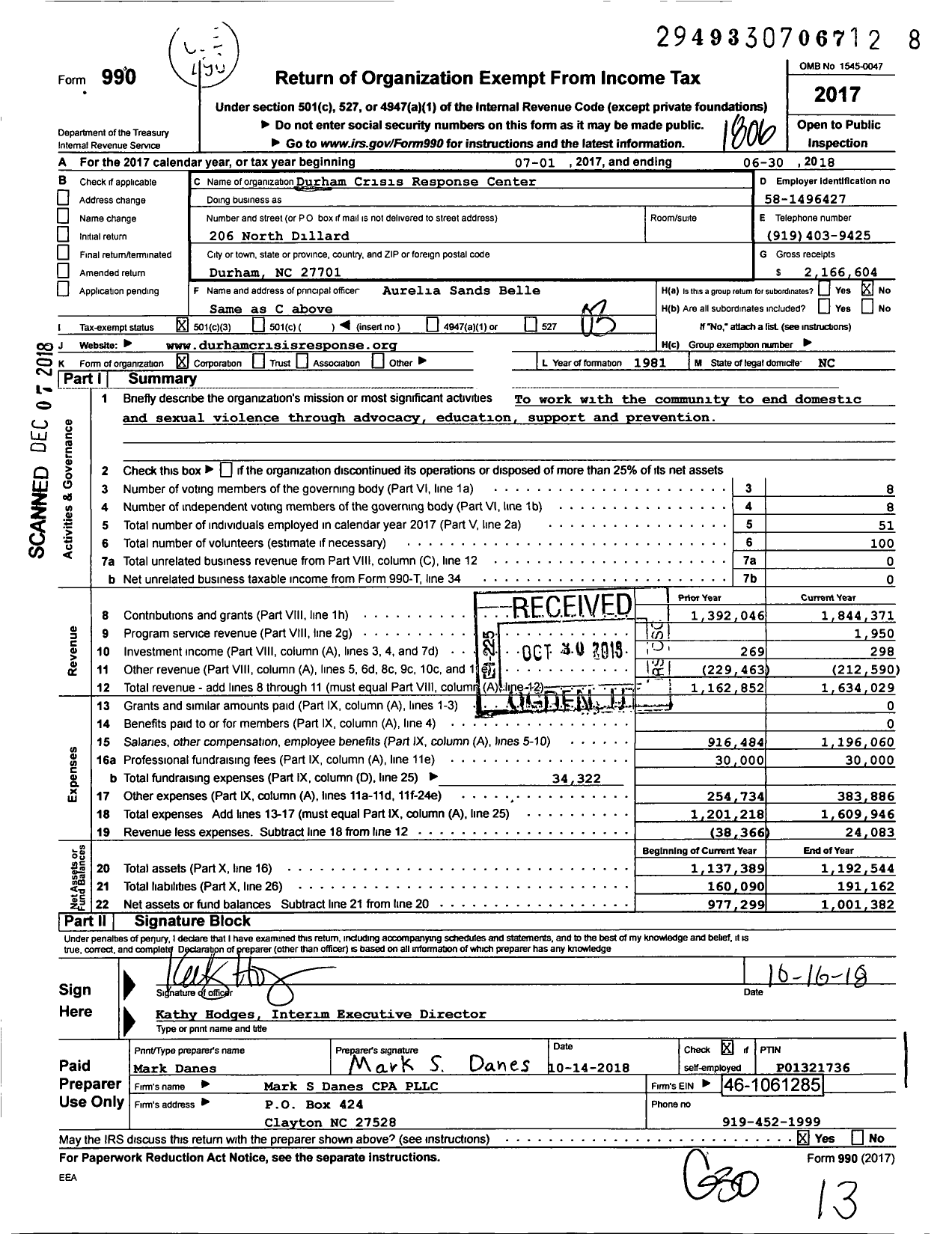 Image of first page of 2017 Form 990 for Durham Crisis Response Center