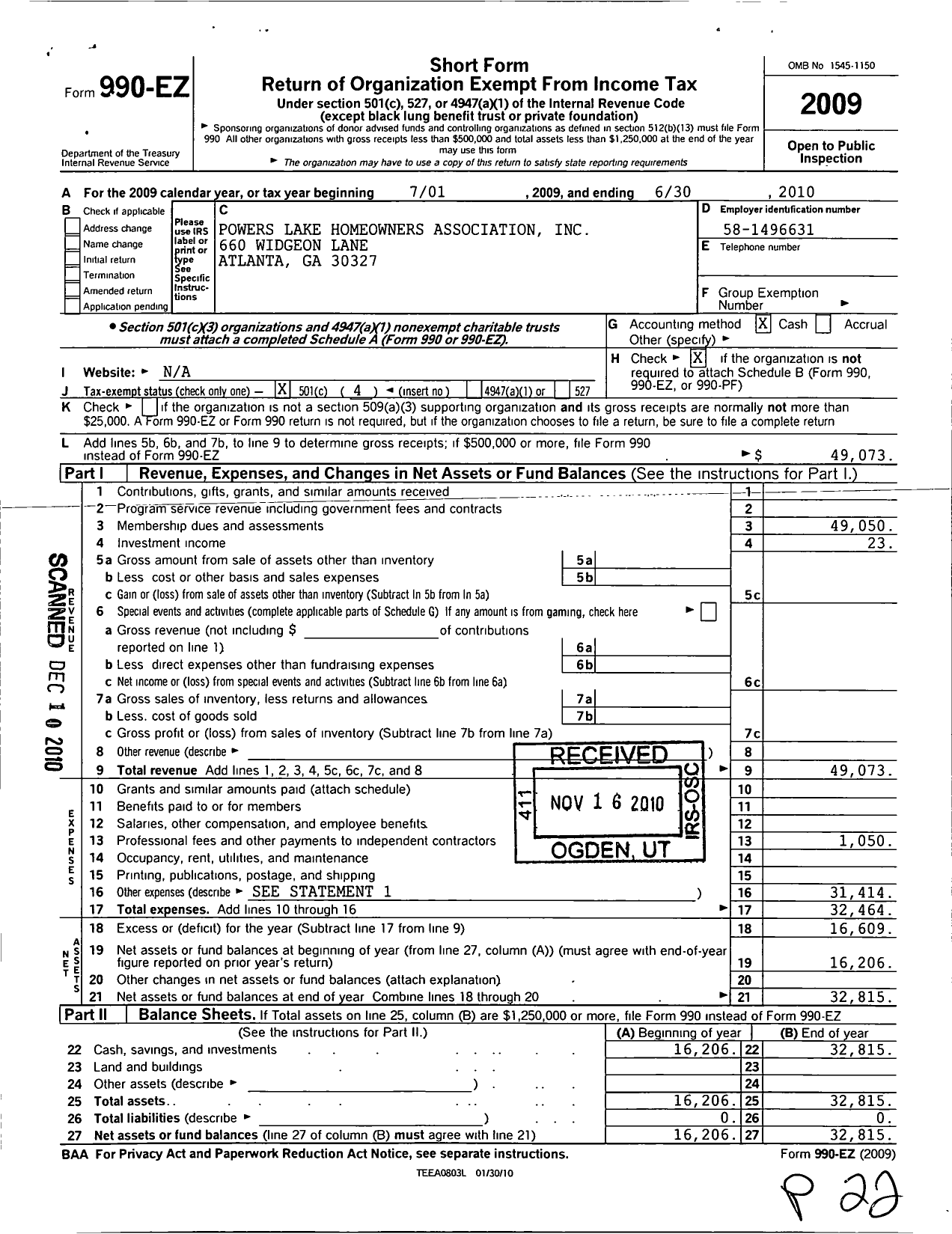 Image of first page of 2009 Form 990EO for Powers Lake Homeowners Association