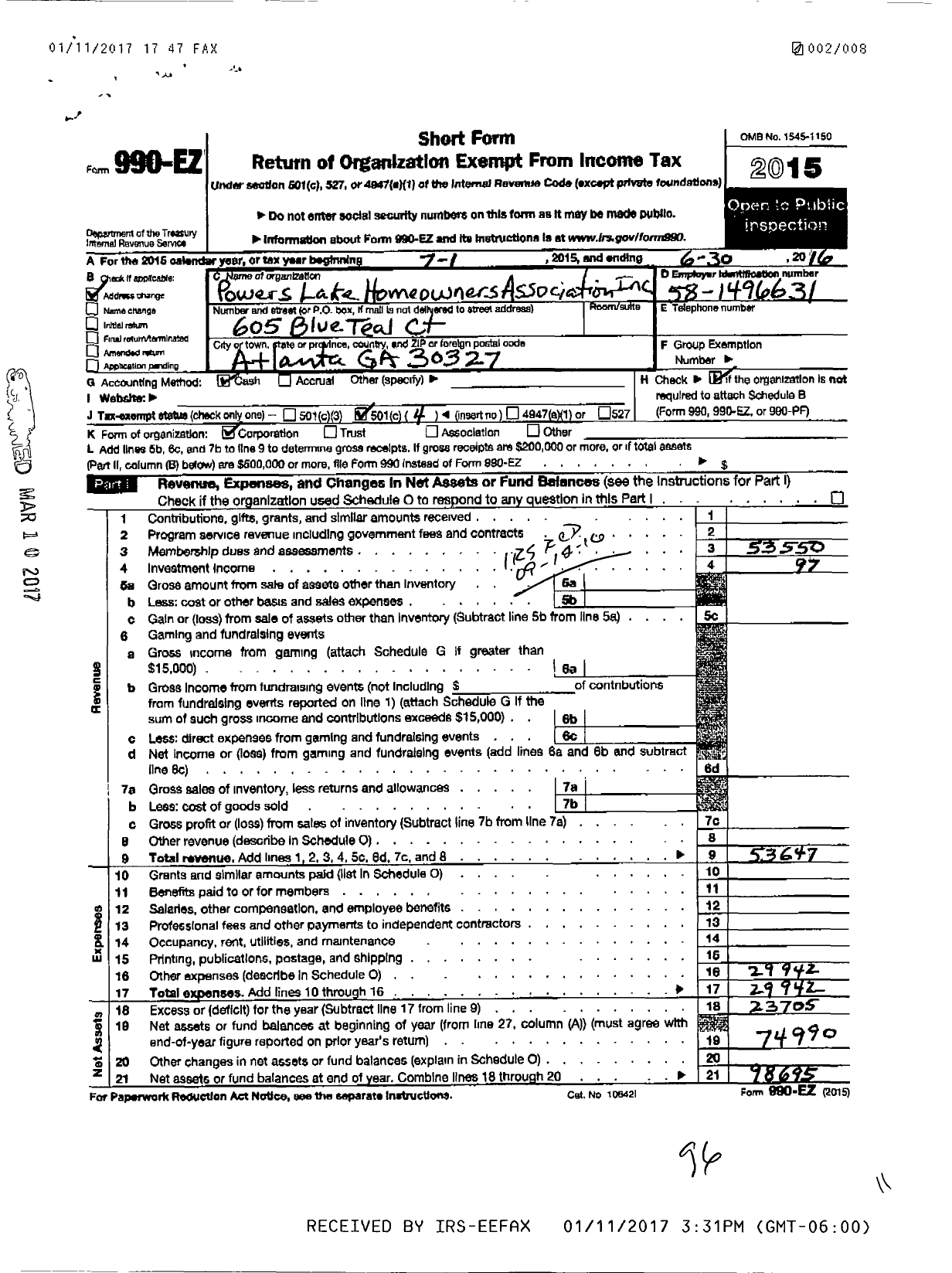 Image of first page of 2015 Form 990EO for Powers Lake Homeowners Association