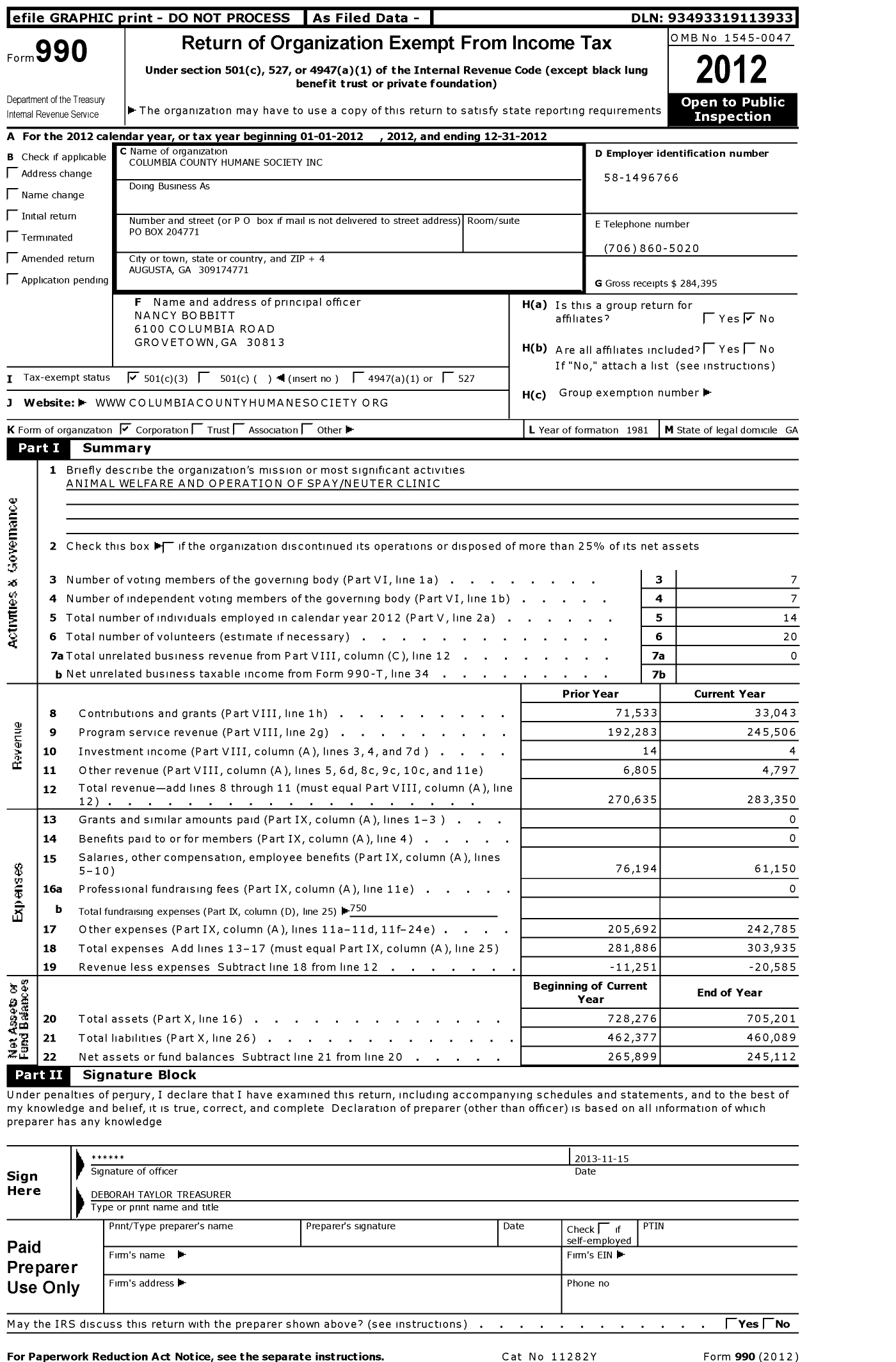 Image of first page of 2012 Form 990 for Columbia County Humane Society (CCHS)