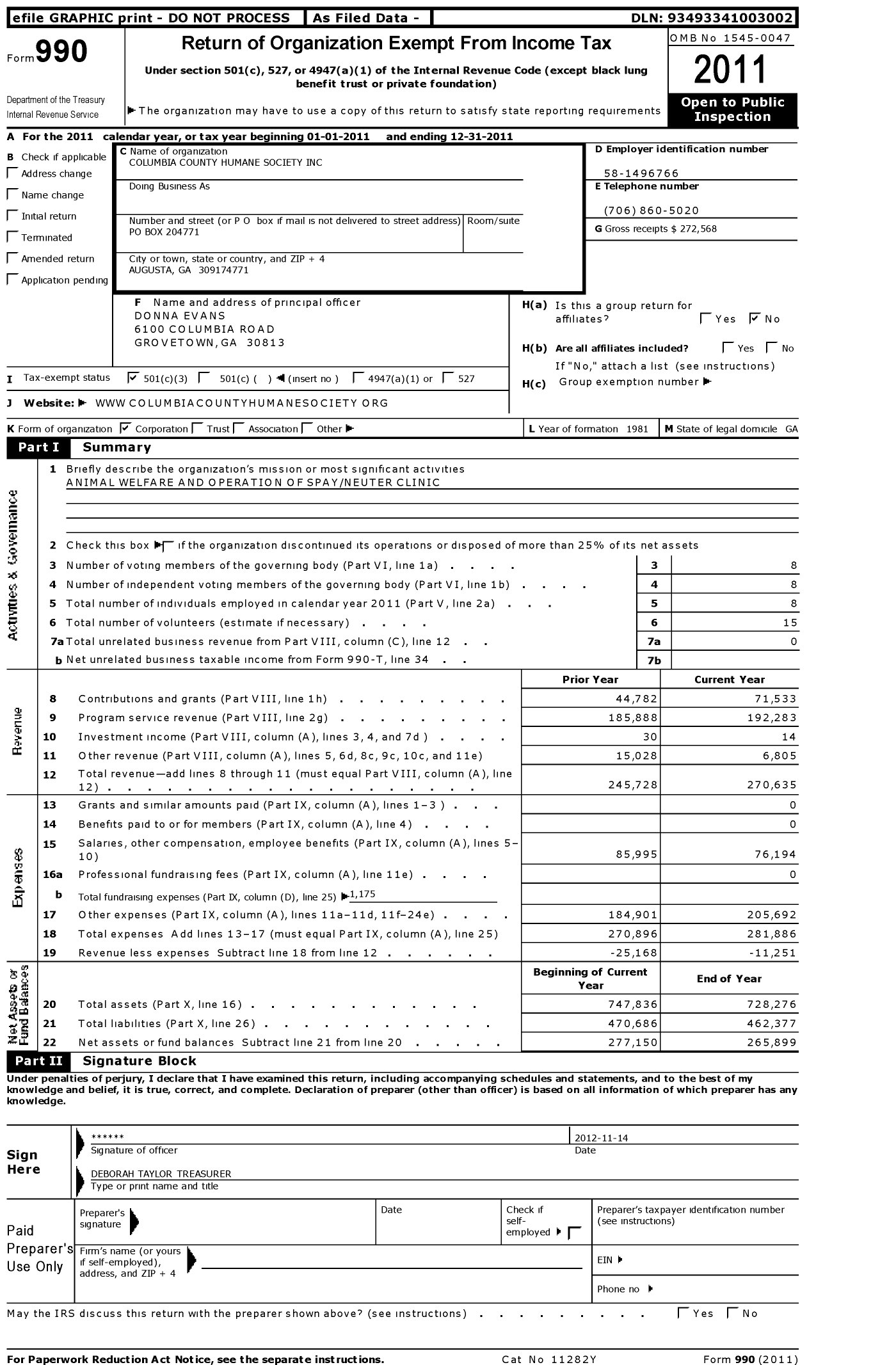 Image of first page of 2011 Form 990 for Columbia County Humane Society (CCHS)