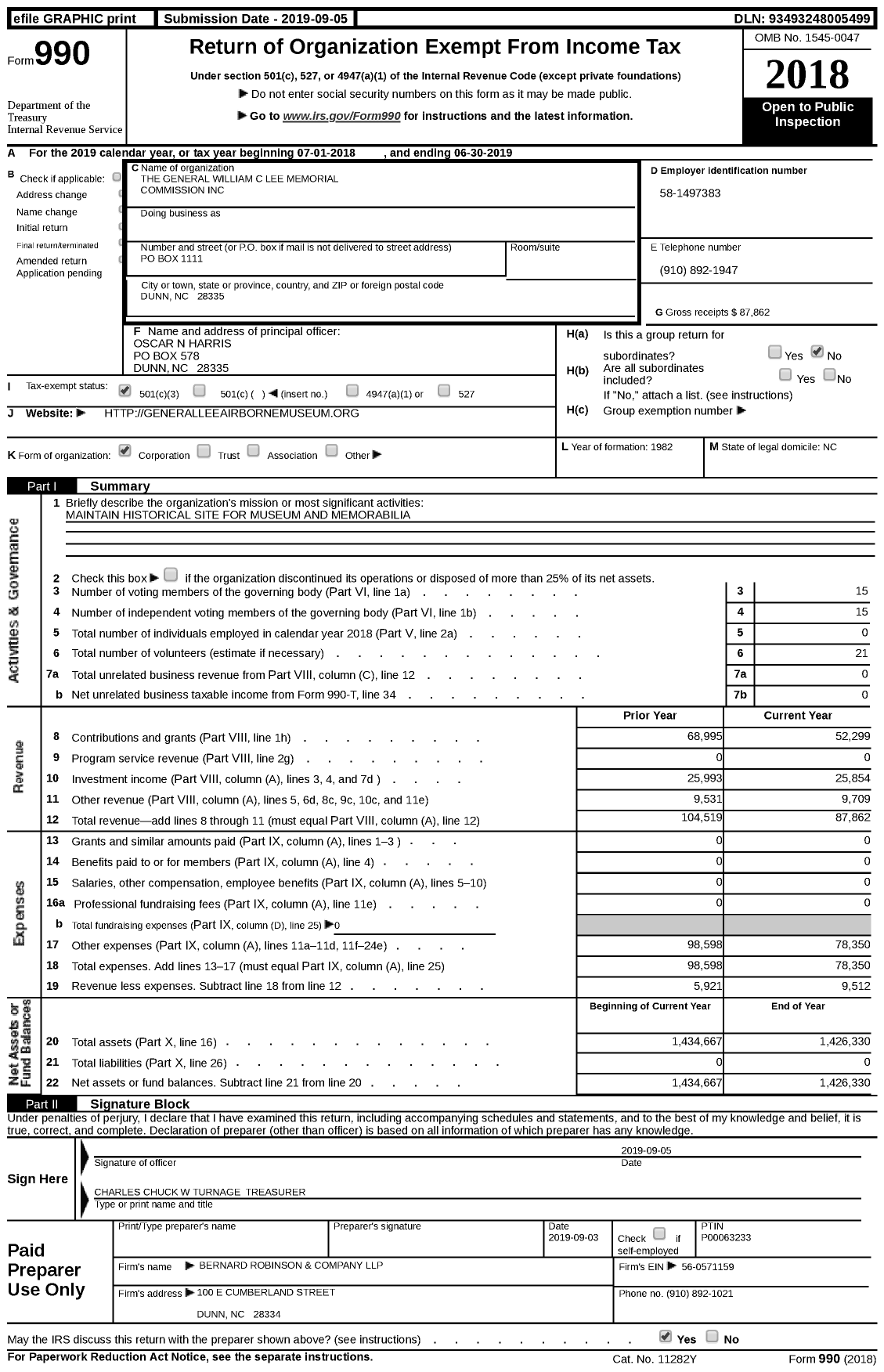 Image of first page of 2018 Form 990 for The General William C Lee Memorial Commission