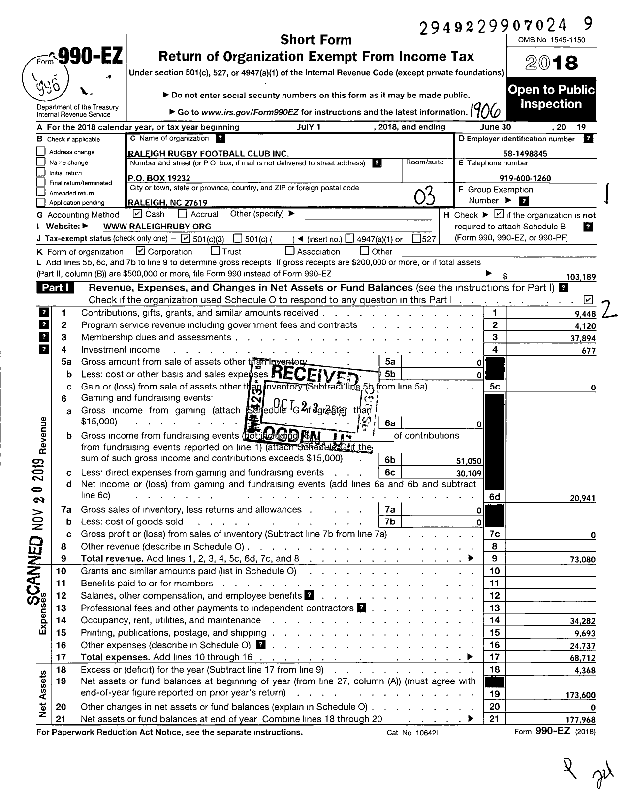 Image of first page of 2018 Form 990EZ for Raleigh Rugby Football Club