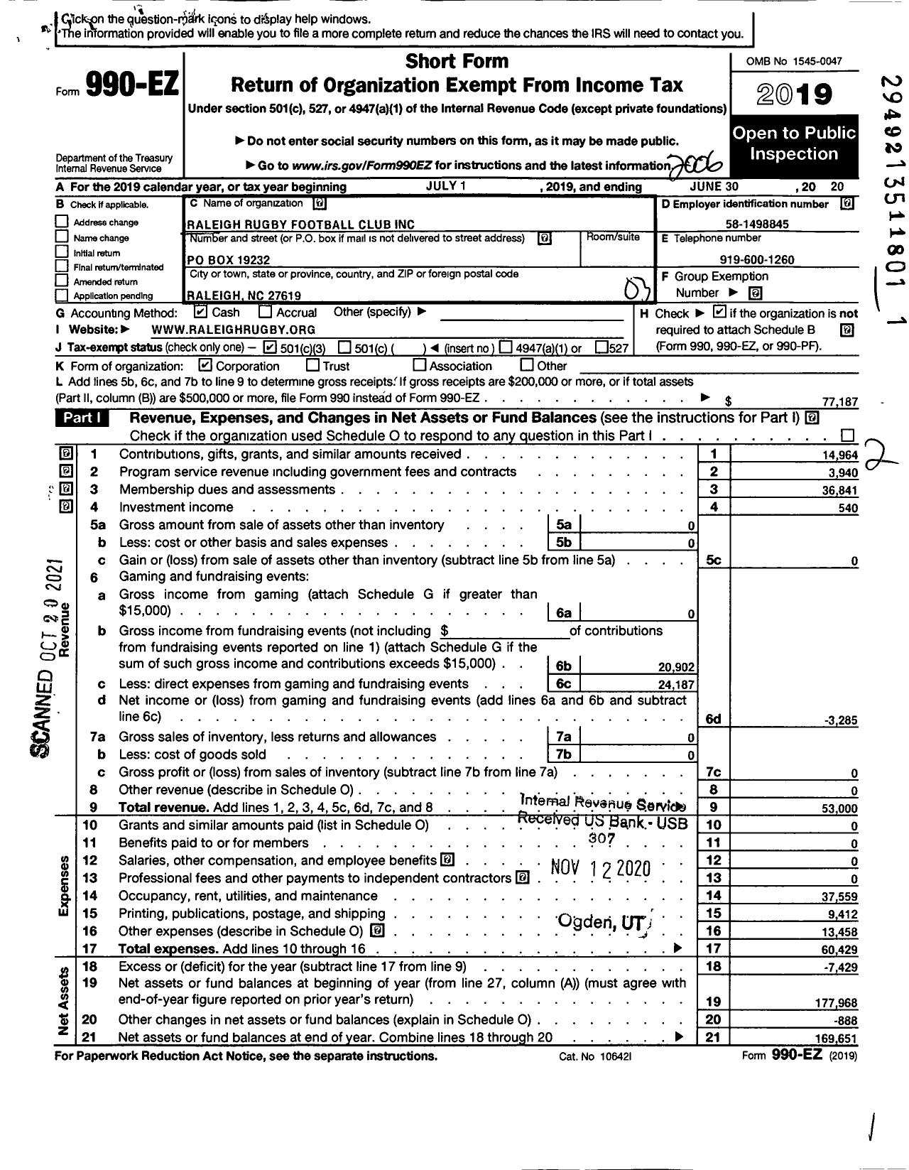 Image of first page of 2019 Form 990EZ for Raleigh Rugby Football Club