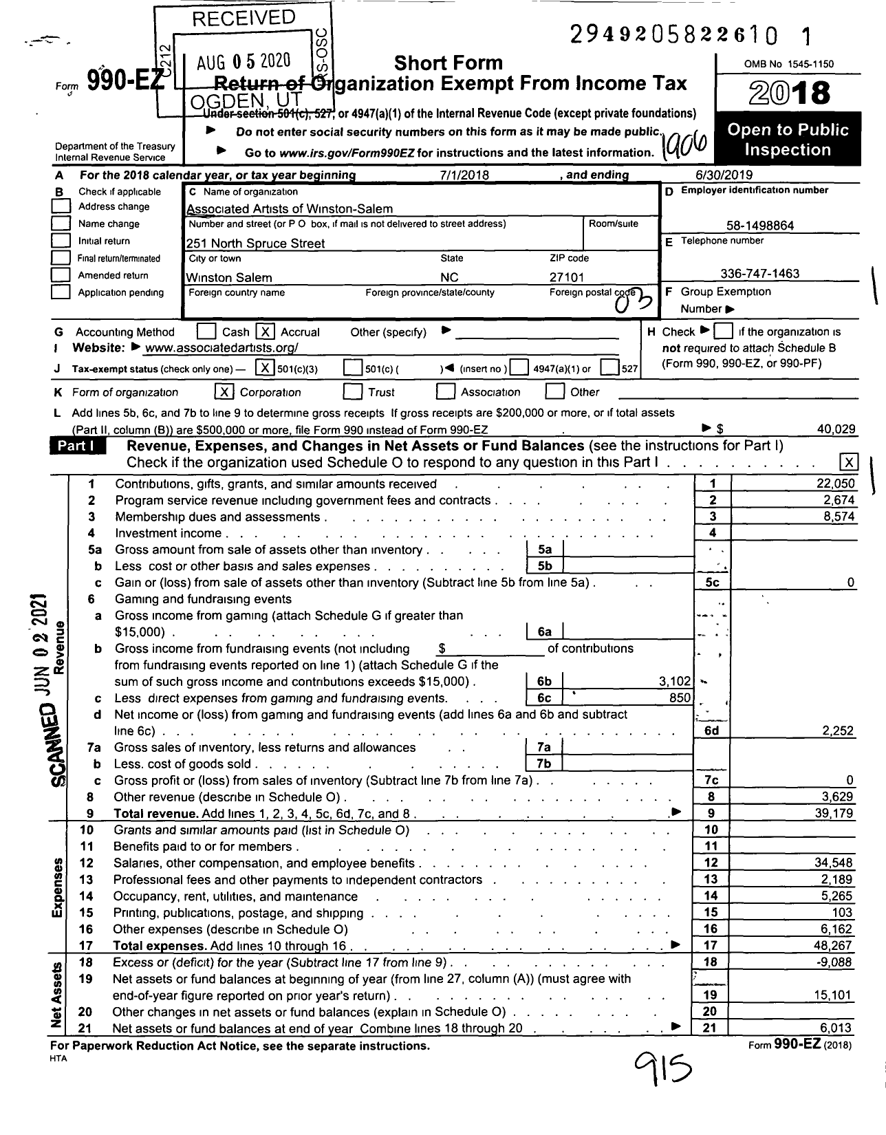 Image of first page of 2018 Form 990EZ for Associated Artists of Winston-Salem