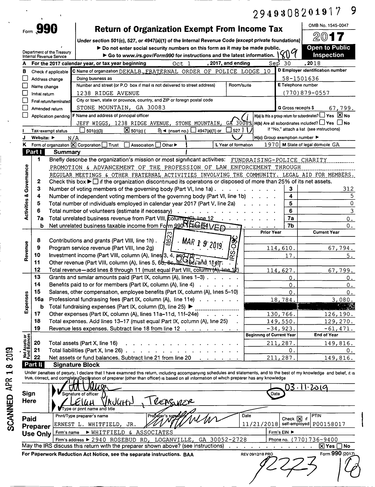 Image of first page of 2017 Form 990O for Fraternal Order of Police - 10 Dekalb County Lodge