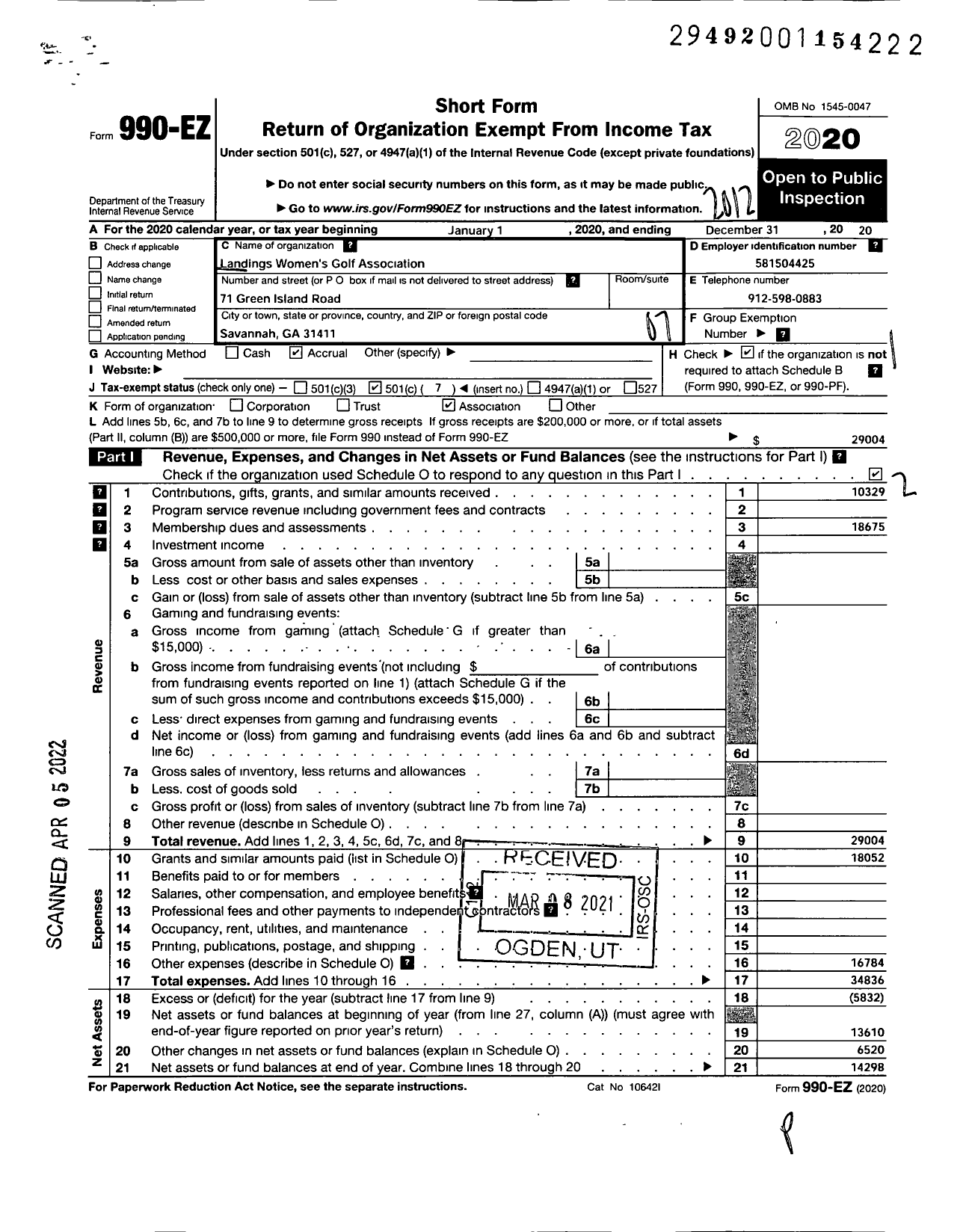 Image of first page of 2020 Form 990EO for Landings Womens Golf Association