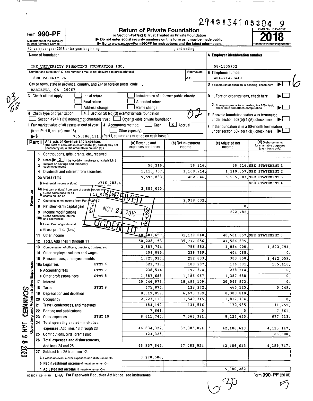 Image of first page of 2018 Form 990PF for The University Financing Foundation
