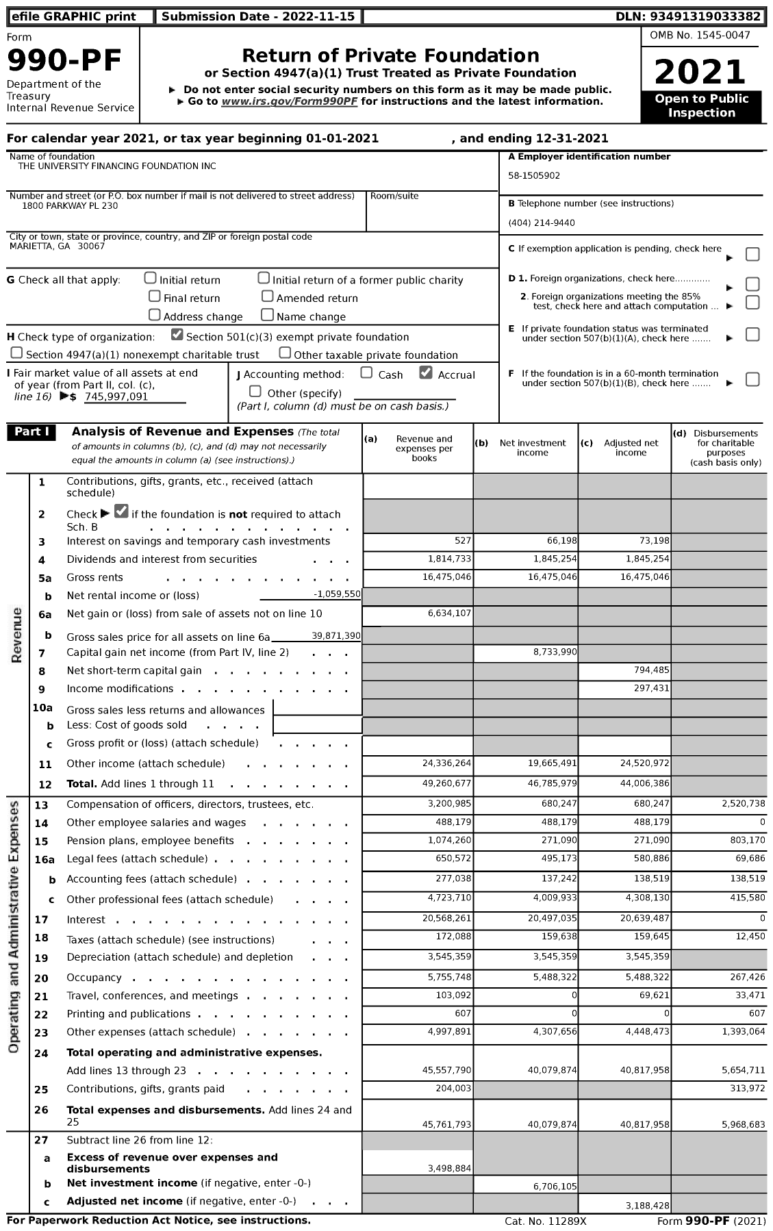 Image of first page of 2021 Form 990PF for The University Financing Foundation