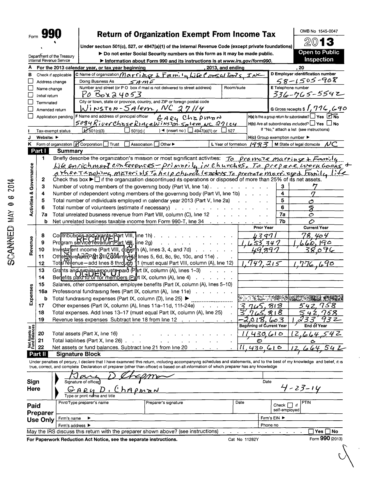 Image of first page of 2013 Form 990 for Marriage and Family Life Consultants