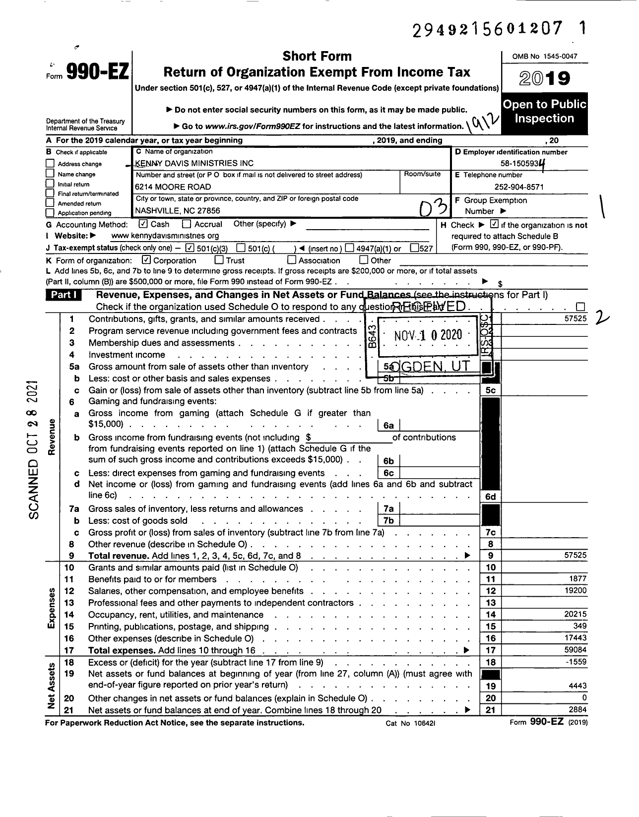 Image of first page of 2019 Form 990EZ for Kenny Davis Ministries