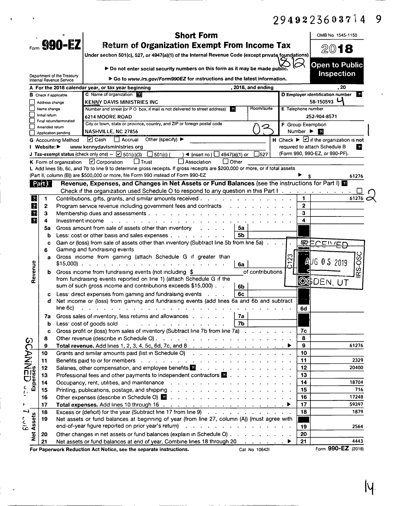 Image of first page of 2018 Form 990EZ for Kenny Davis Ministries