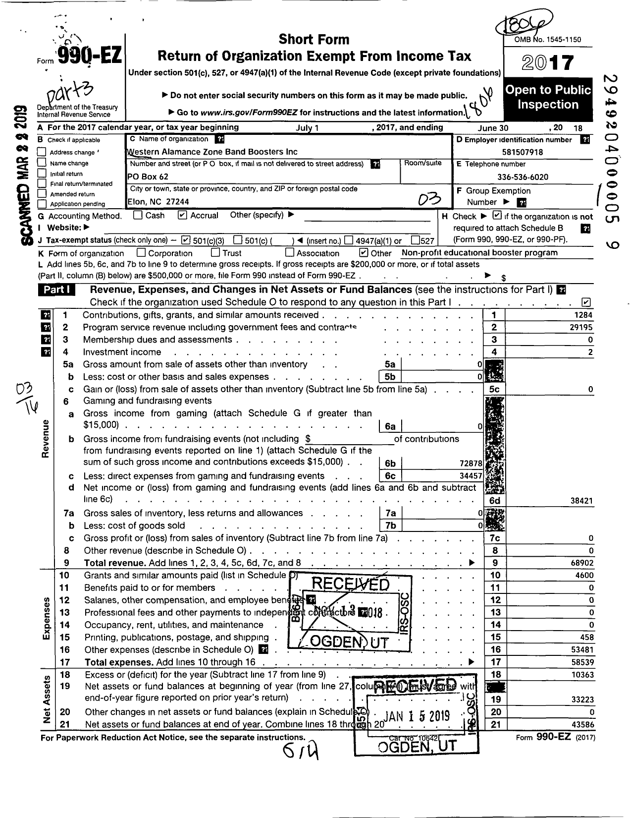 Image of first page of 2017 Form 990EZ for Western Alamance Zone Band Boosters