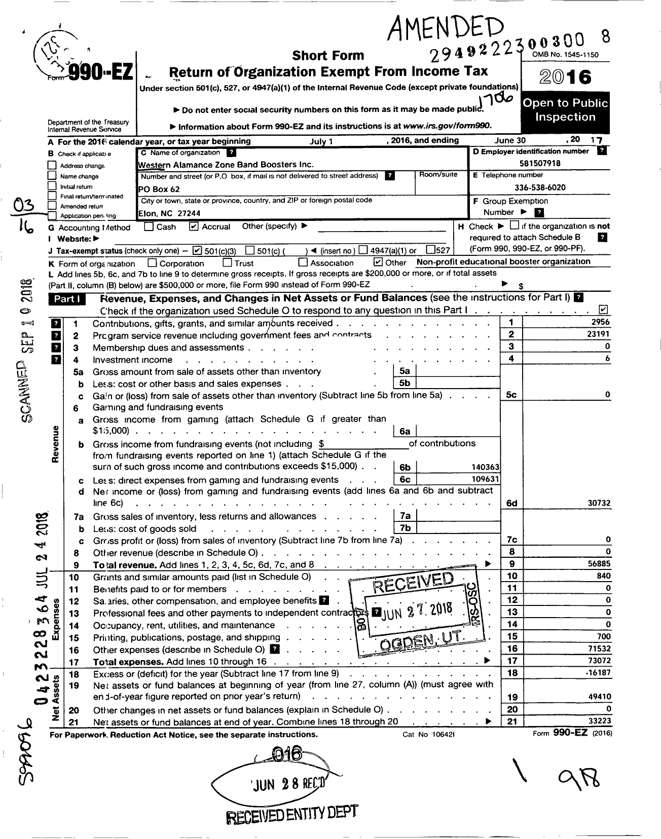 Image of first page of 2016 Form 990EZ for Western Alamance Zone Band Boosters