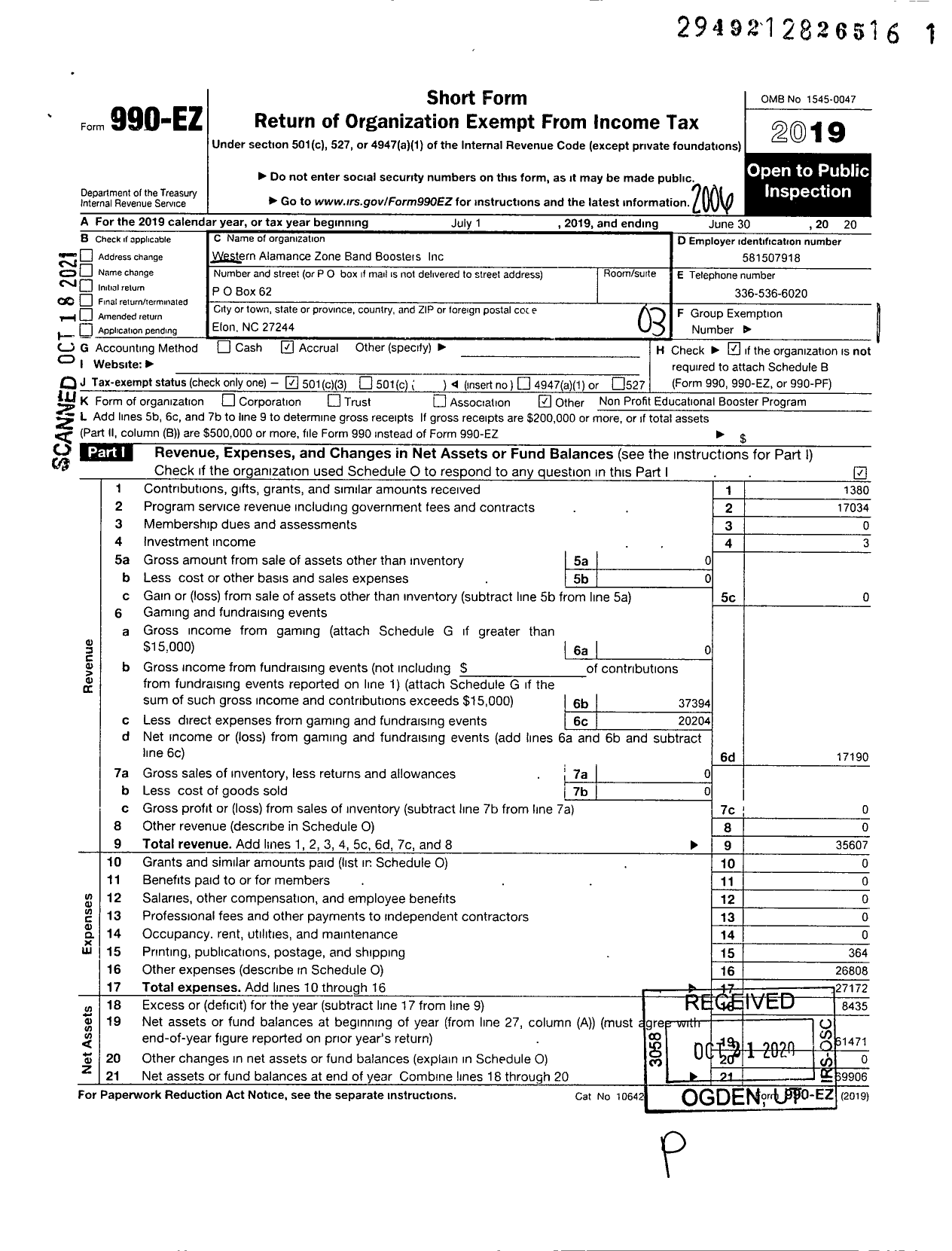 Image of first page of 2019 Form 990EZ for Western Alamance Zone Band Boosters