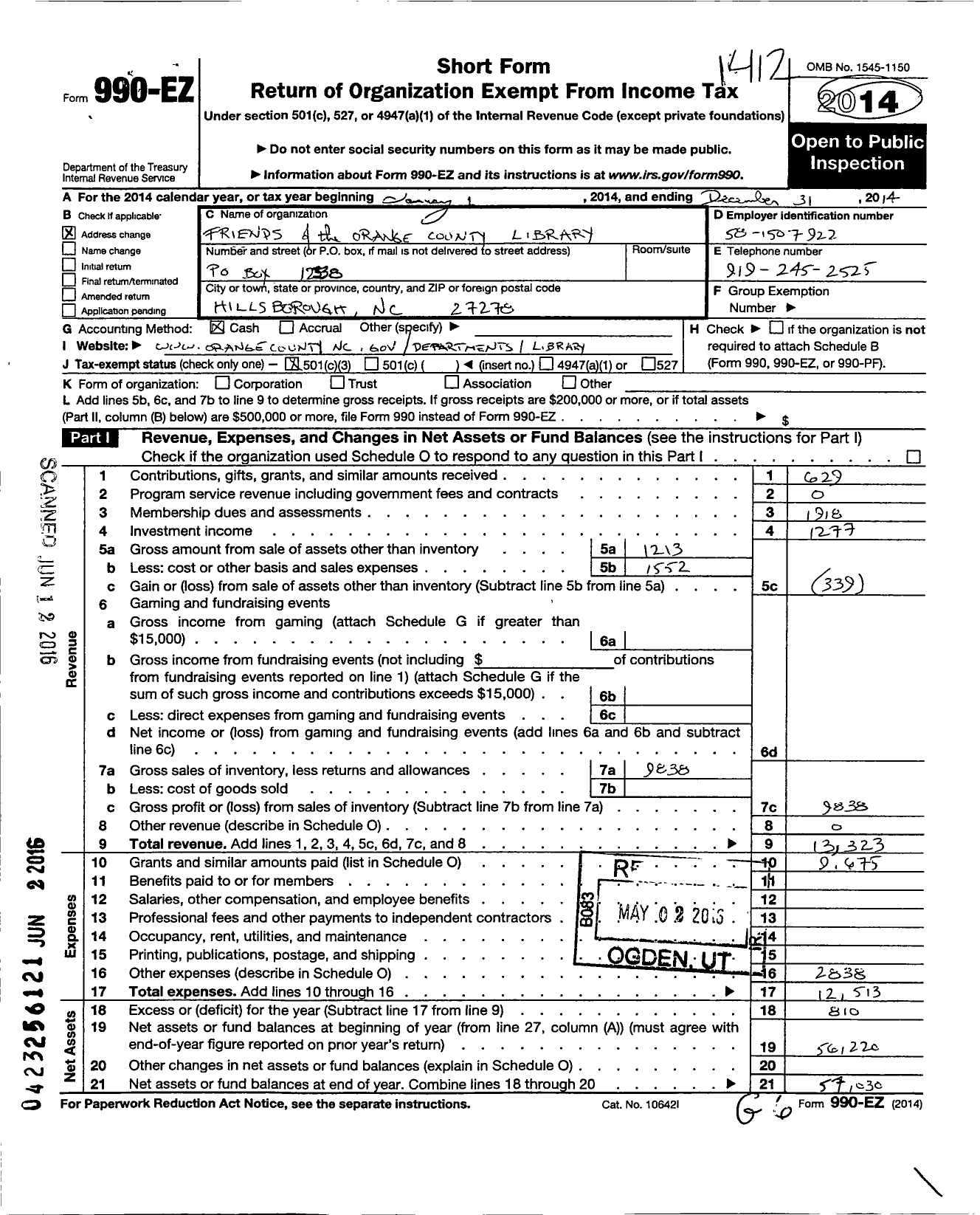 Image of first page of 2014 Form 990EZ for Friends of the Orange County Public Library