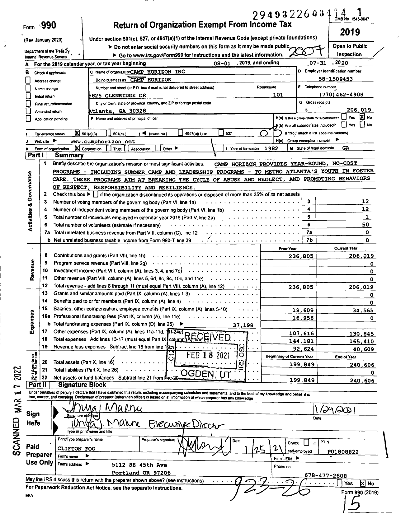 Image of first page of 2019 Form 990 for Camp Horizon