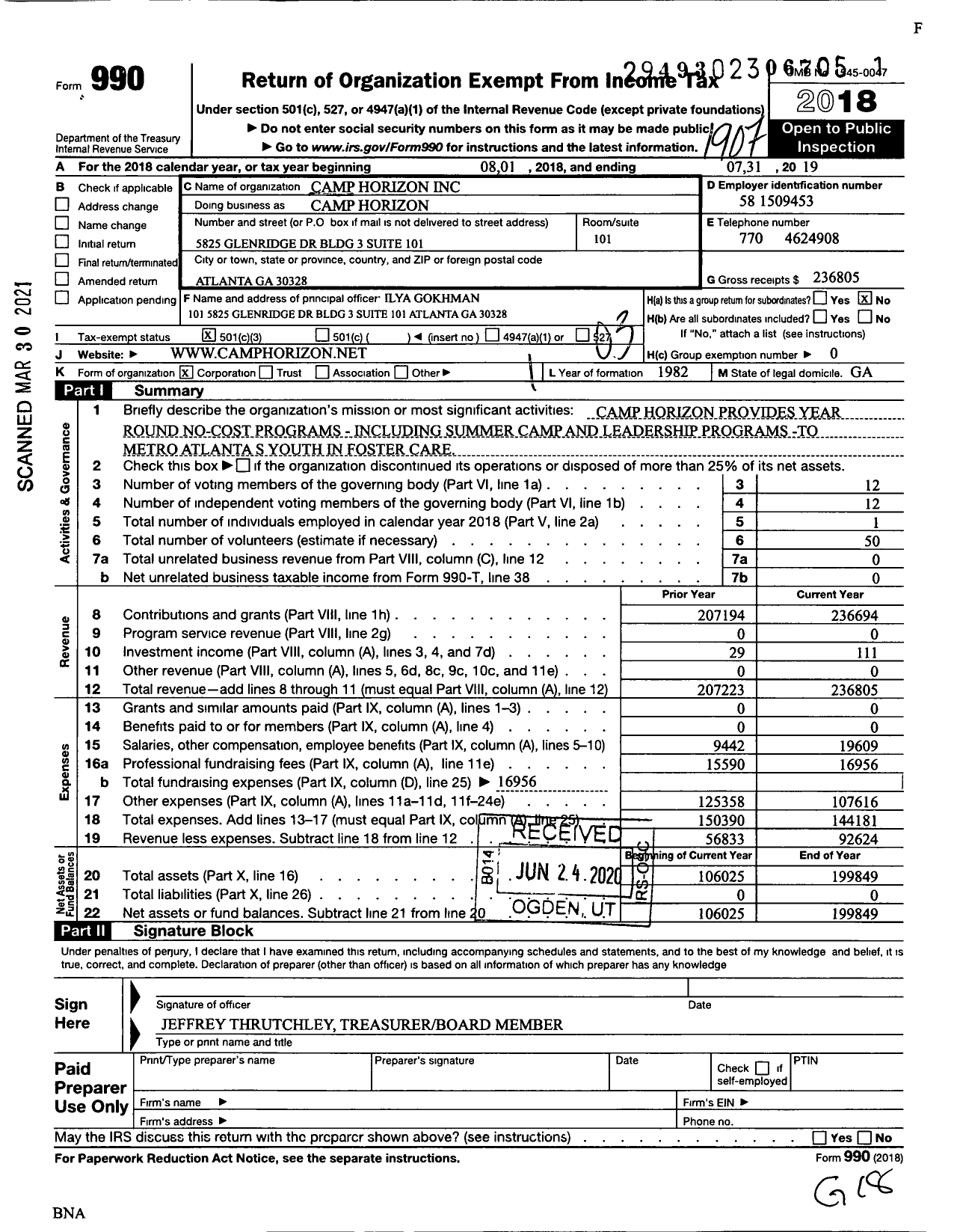 Image of first page of 2018 Form 990 for Camp Horizon
