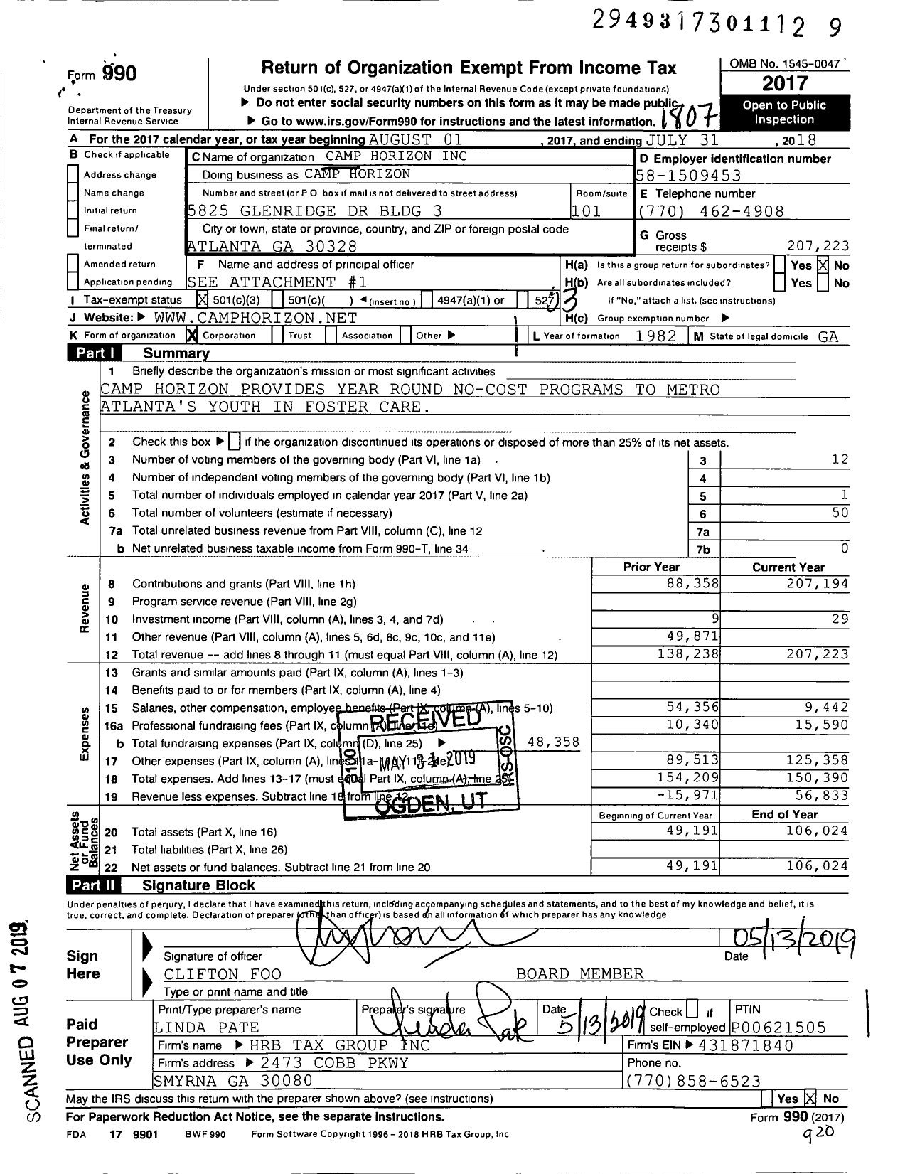 Image of first page of 2017 Form 990 for Camp Horizon