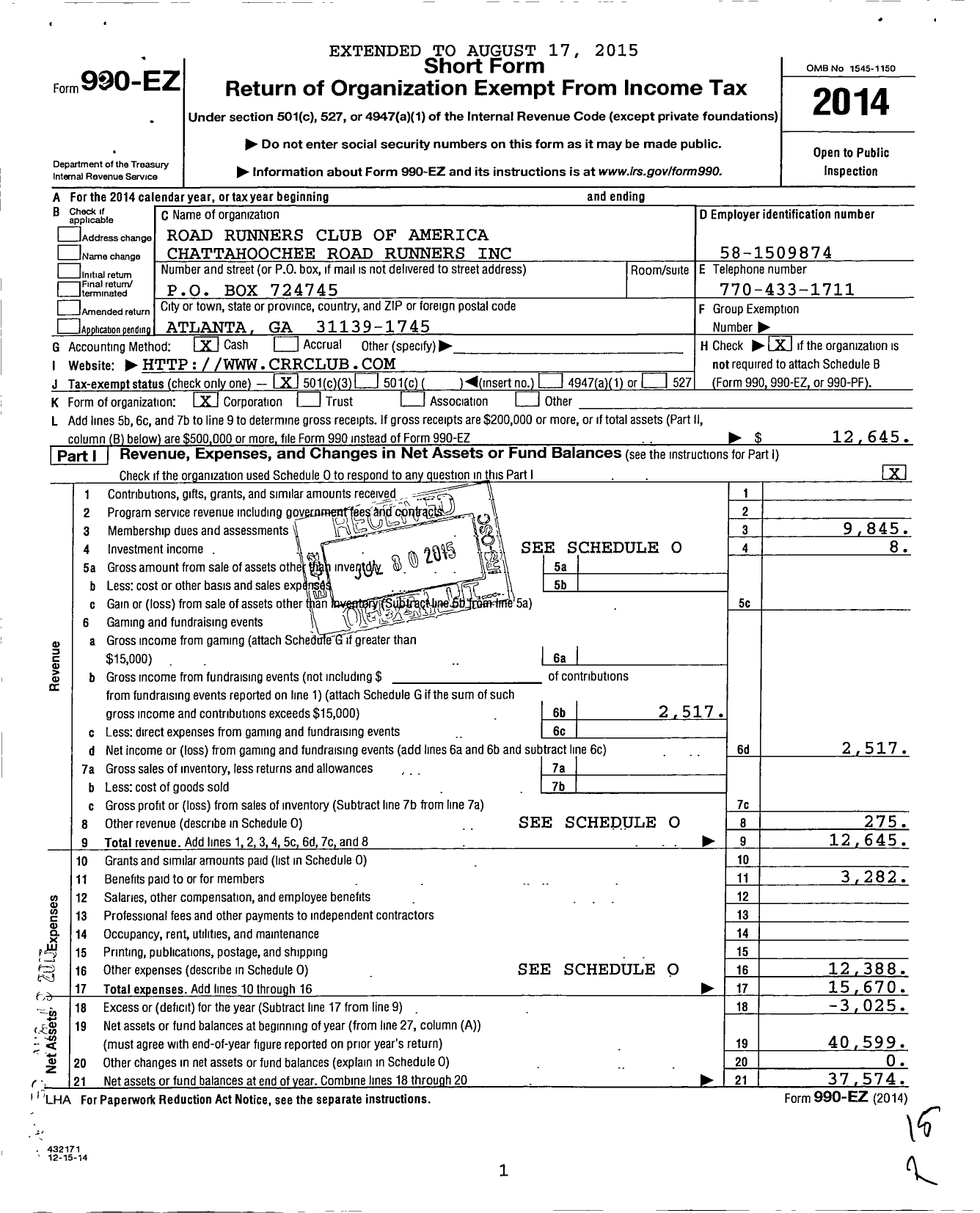 Image of first page of 2014 Form 990EZ for Road Runners Club of America Chattahoochee Road Runners