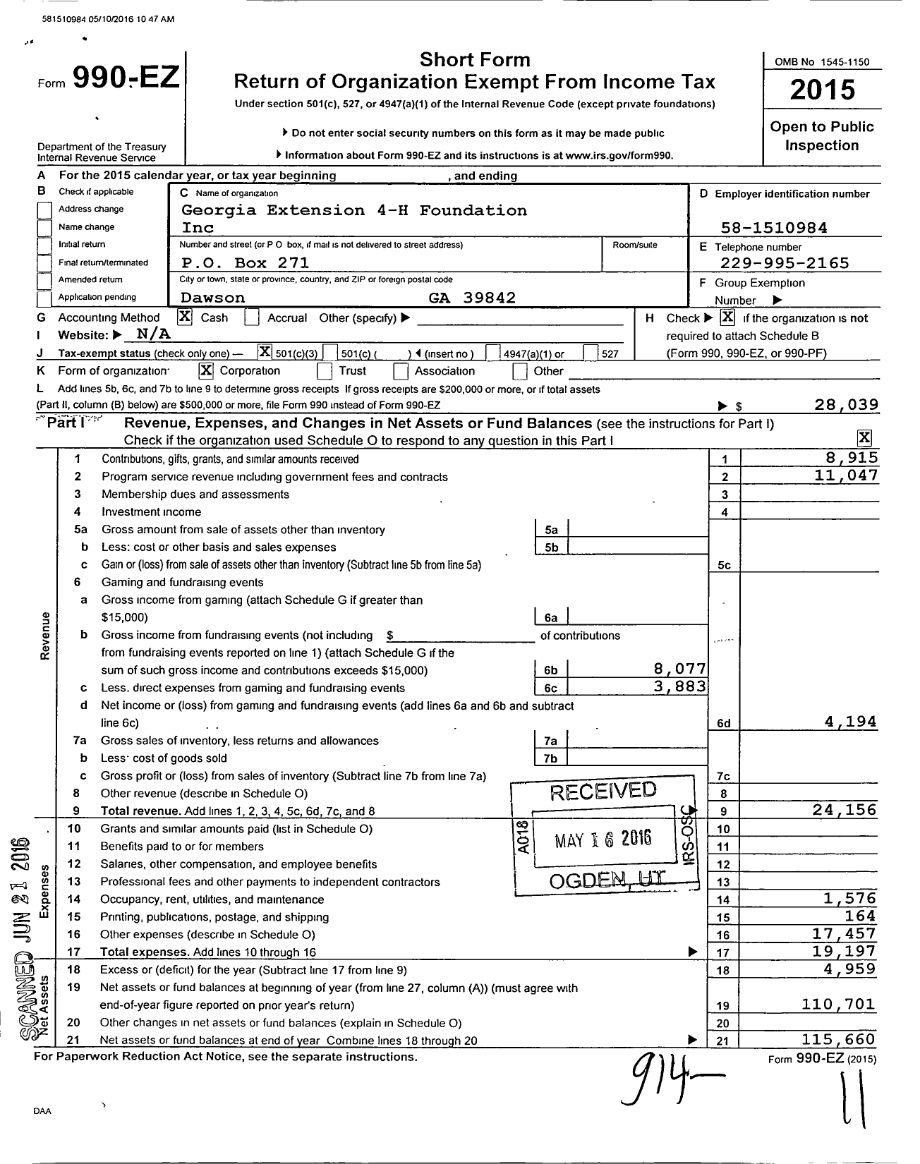 Image of first page of 2015 Form 990EZ for Georgia Extension 4-H Foundation / Terrell County Extension 4-H