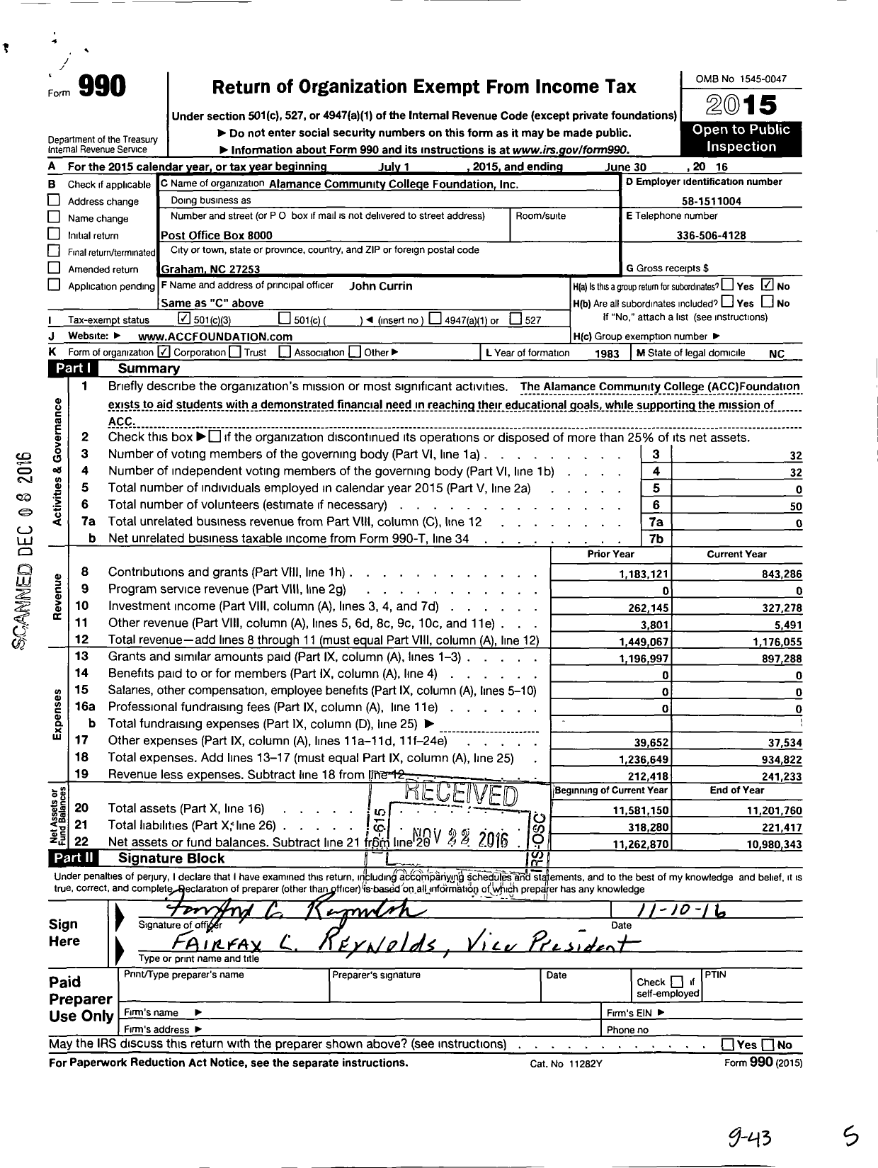 Image of first page of 2015 Form 990 for Alamance Community College Foundation