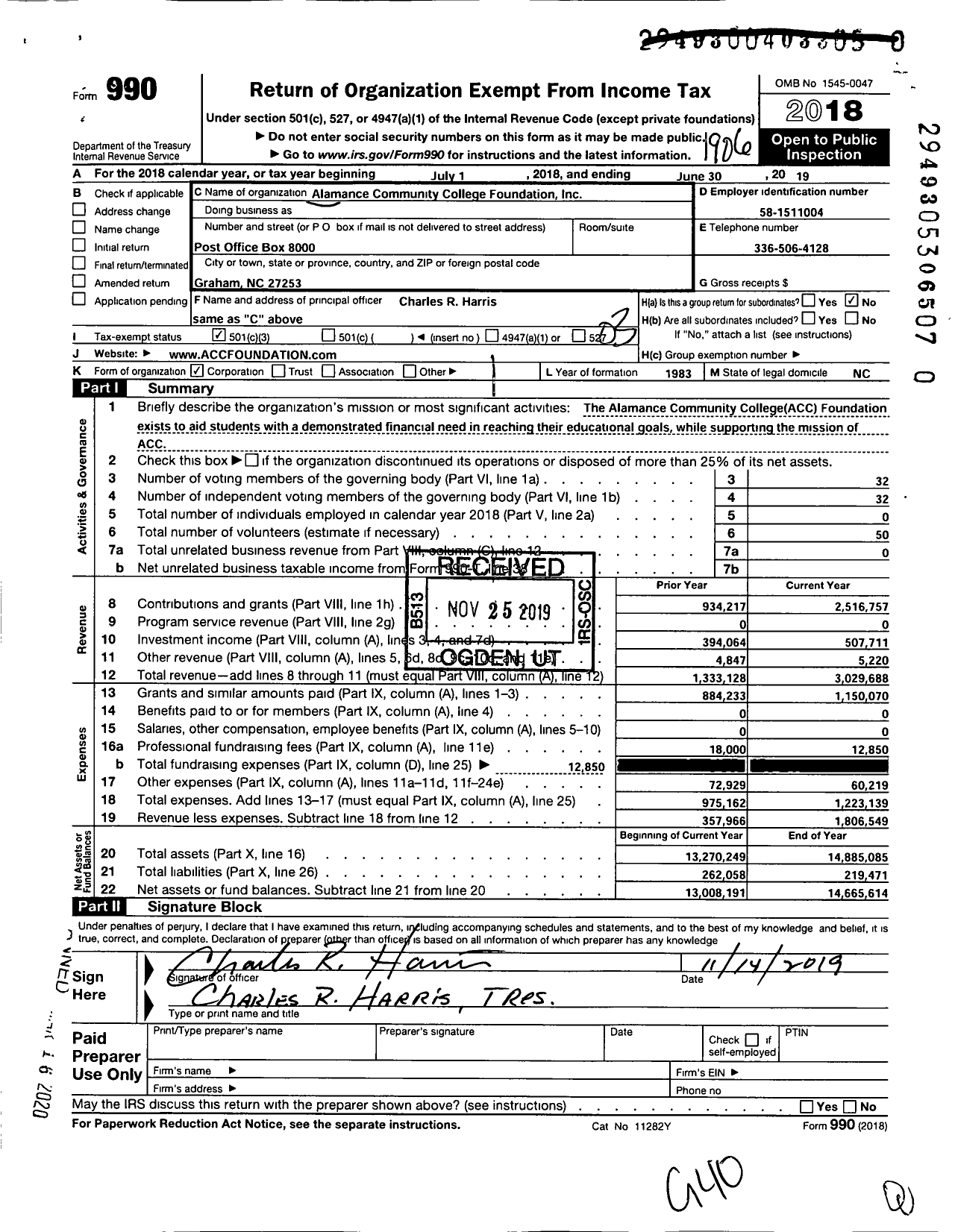 Image of first page of 2018 Form 990 for Alamance Community College Foundation