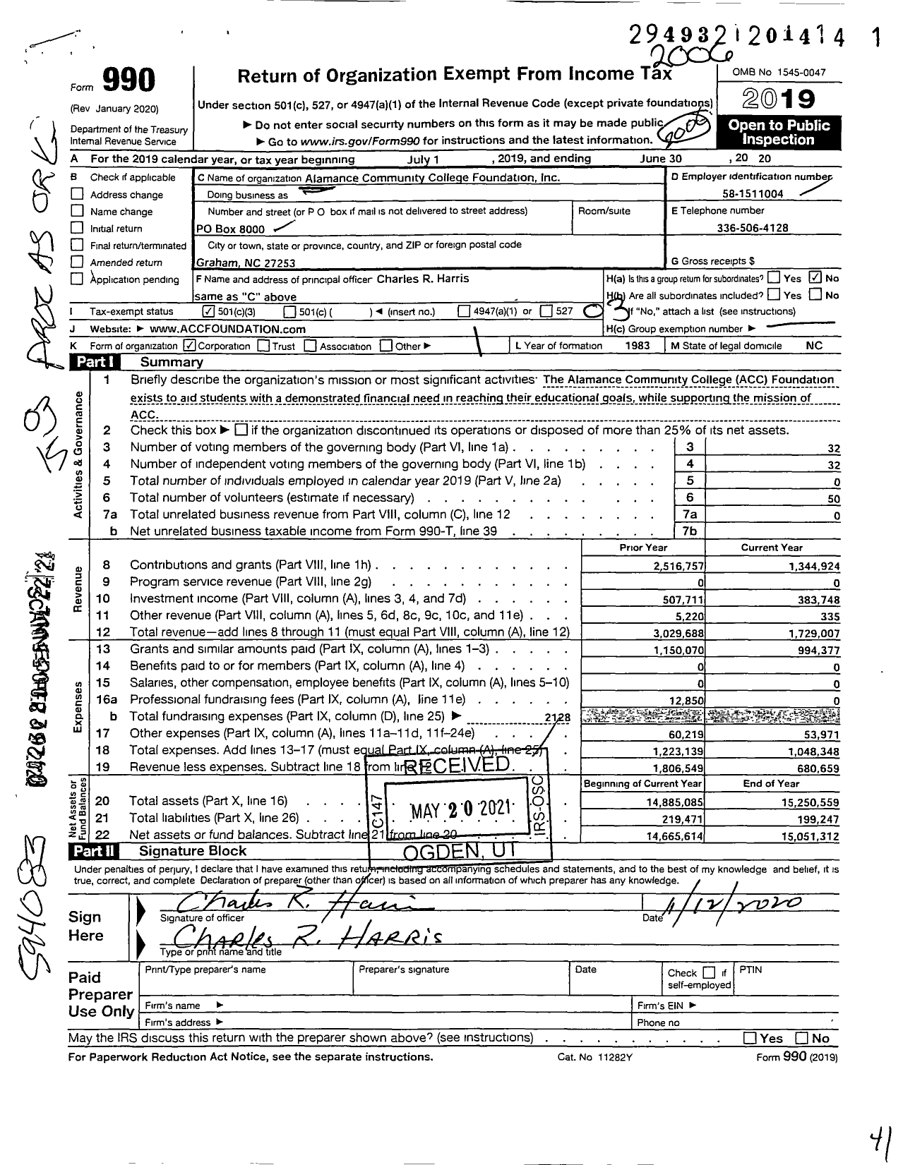 Image of first page of 2019 Form 990 for Alamance Community College Foundation