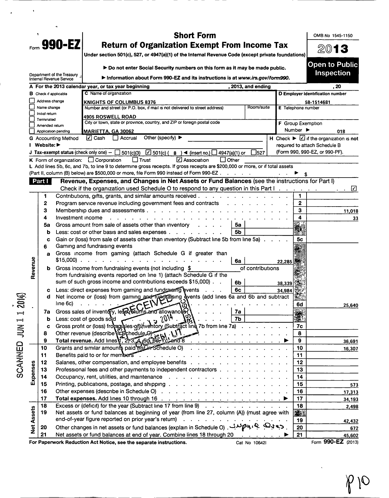 Image of first page of 2013 Form 990EO for Council No 8376 Knights of Columbus