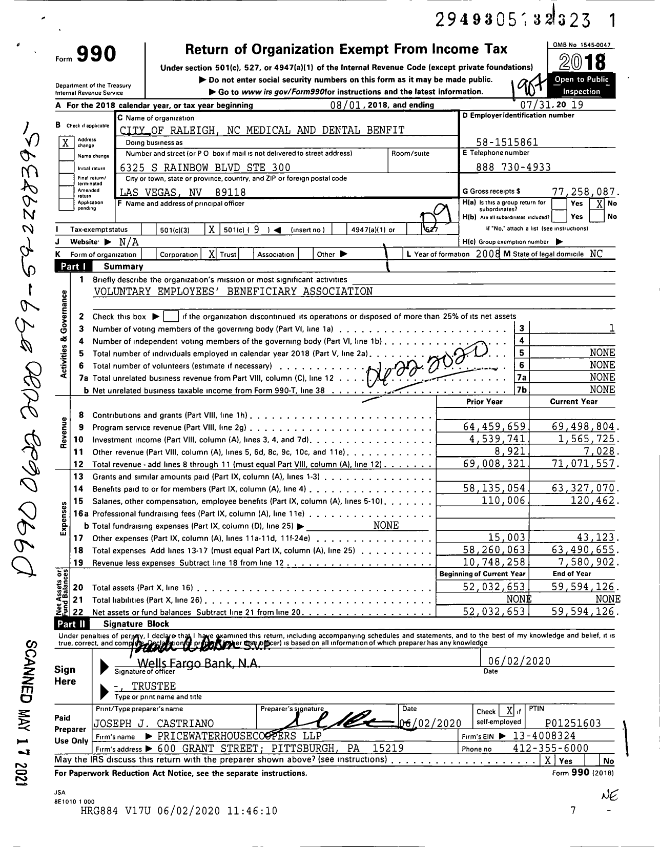 Image of first page of 2018 Form 990O for City of Raleigh NC Medical and Dental Benfit